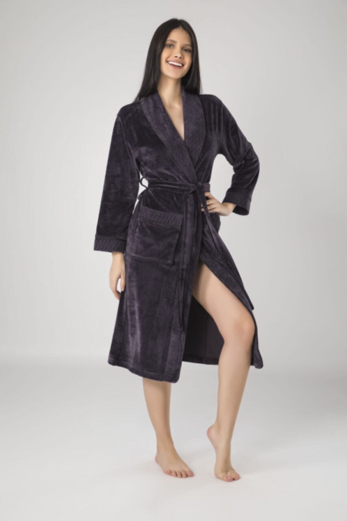 Nuşa Kadın Antrasit Dantelli Bambu Sabahlık Bornoz