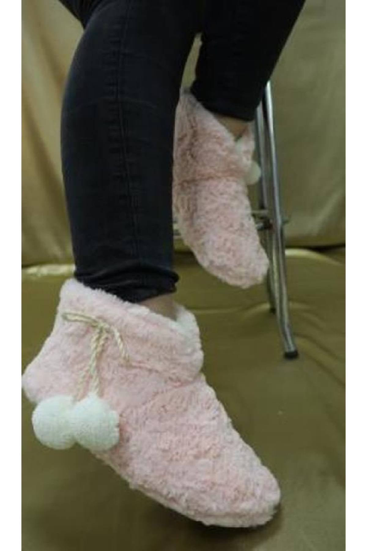 sanataksesuar Kadın Ev Botu Pembe-beyaz Ponponlu