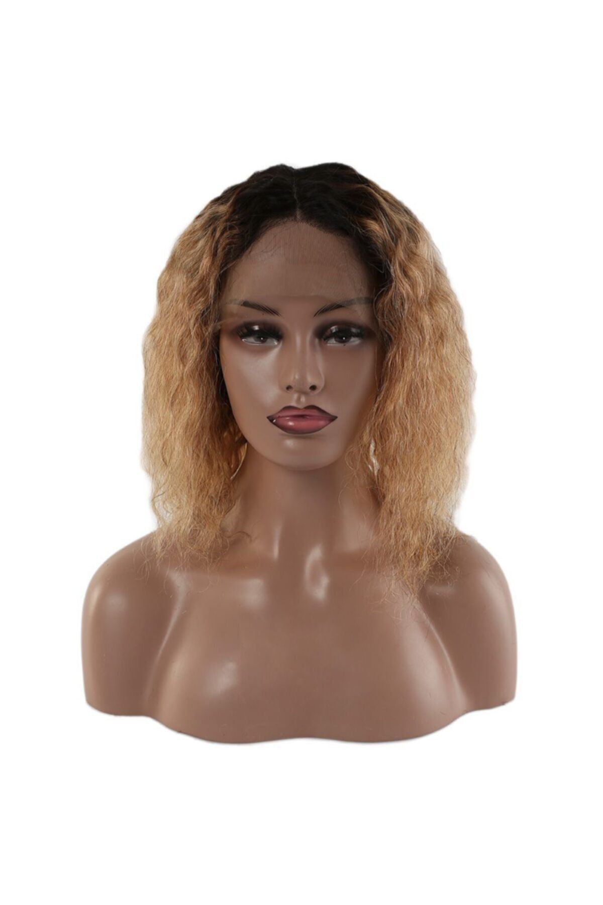 Peruk Market Siyah Karamel Ombreli Gerçek Afro Dalgası Tül Peruk 40-45cm