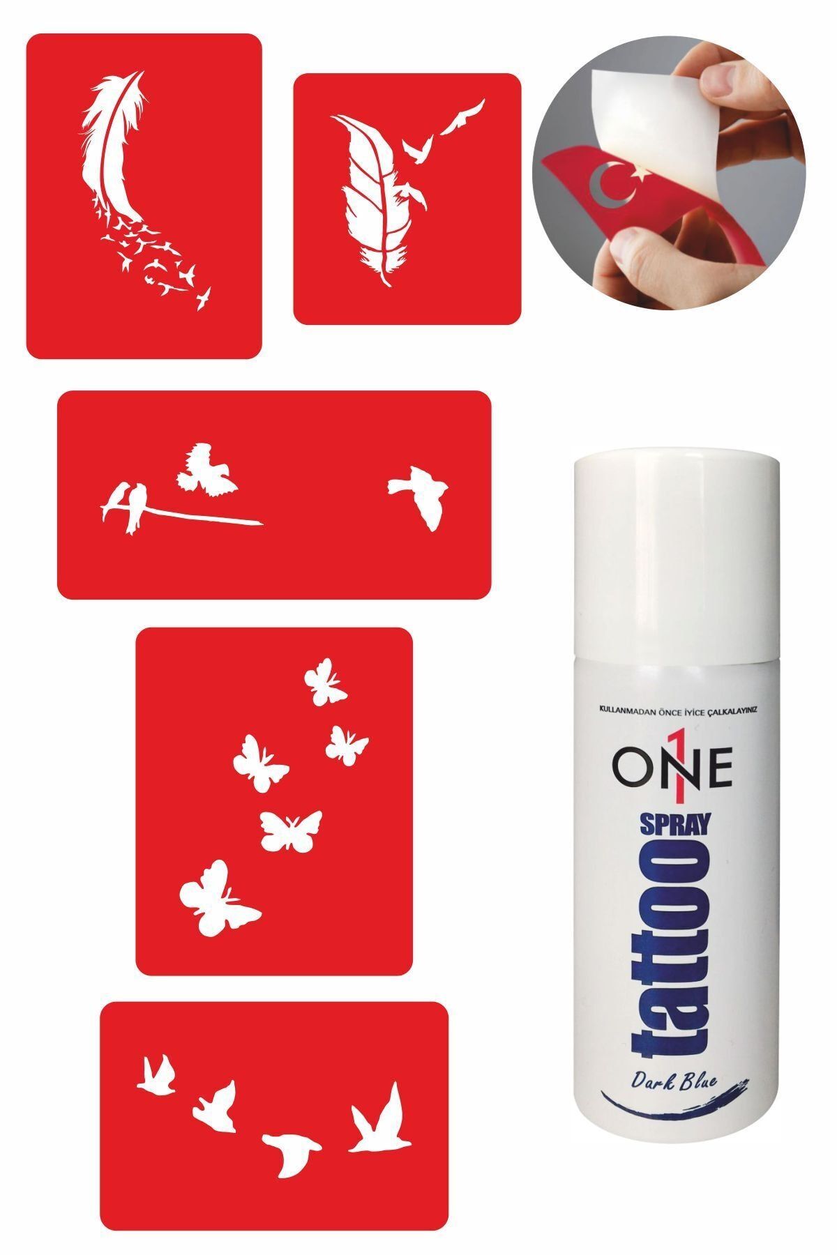 ONE SPRAY TATTOO Özgür Kuşlar Dövme Seti Dark Blue Sprey Ve 5 Desen 7712825
