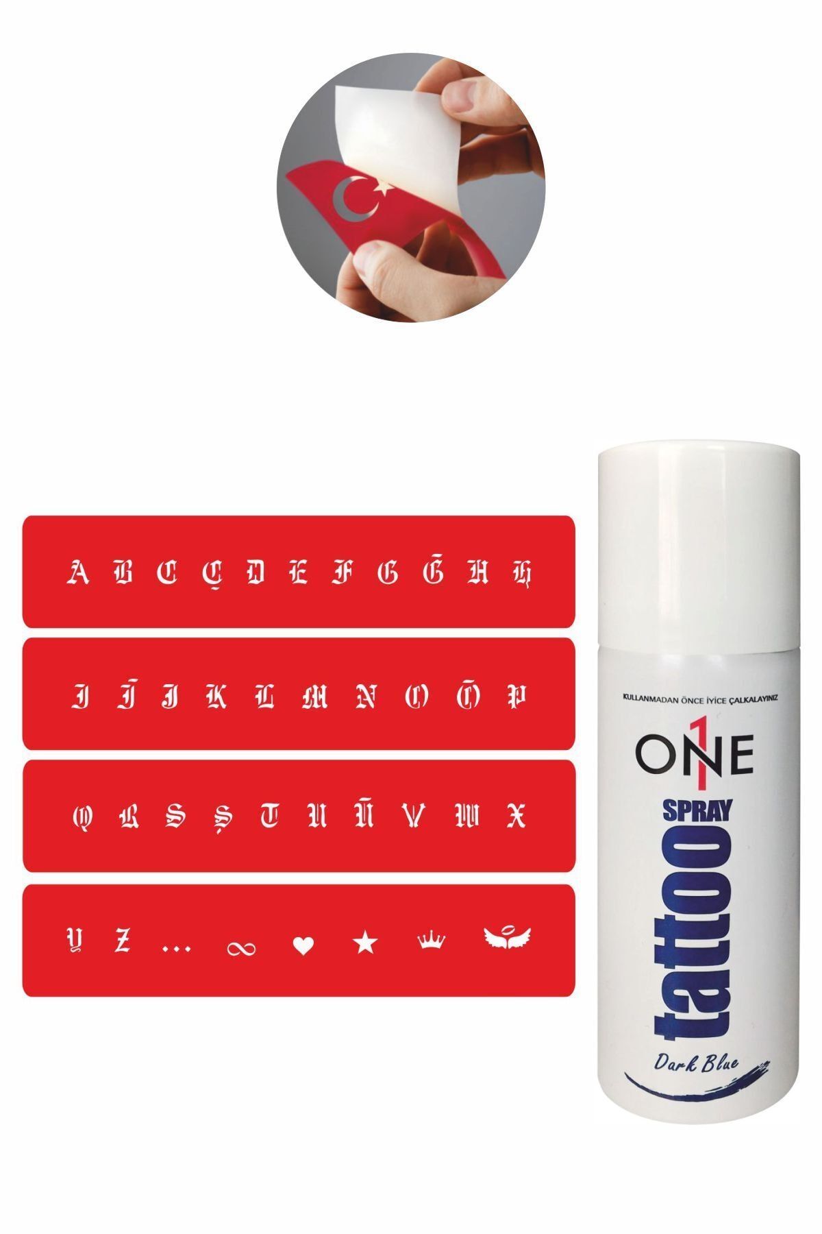 ONE SPRAY TATTOO Küçük Boy Gotik Font Harf Bantı Dövme Seti Dark Blue Sprey Ve 5 Desen 7707225