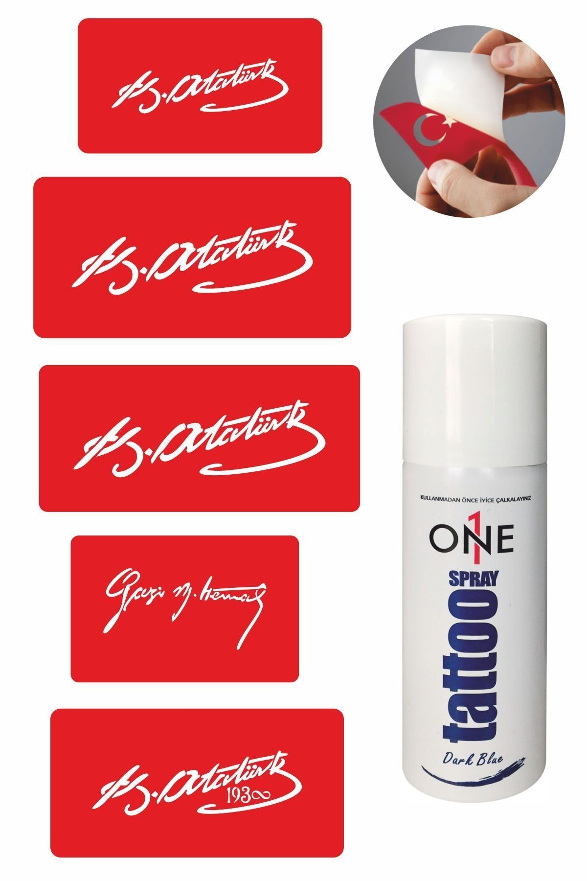 ONE SPRAY TATTOO Atatürk Imza Dövme Seti Dark Blue Sprey Ve 5 Desen 7703425
