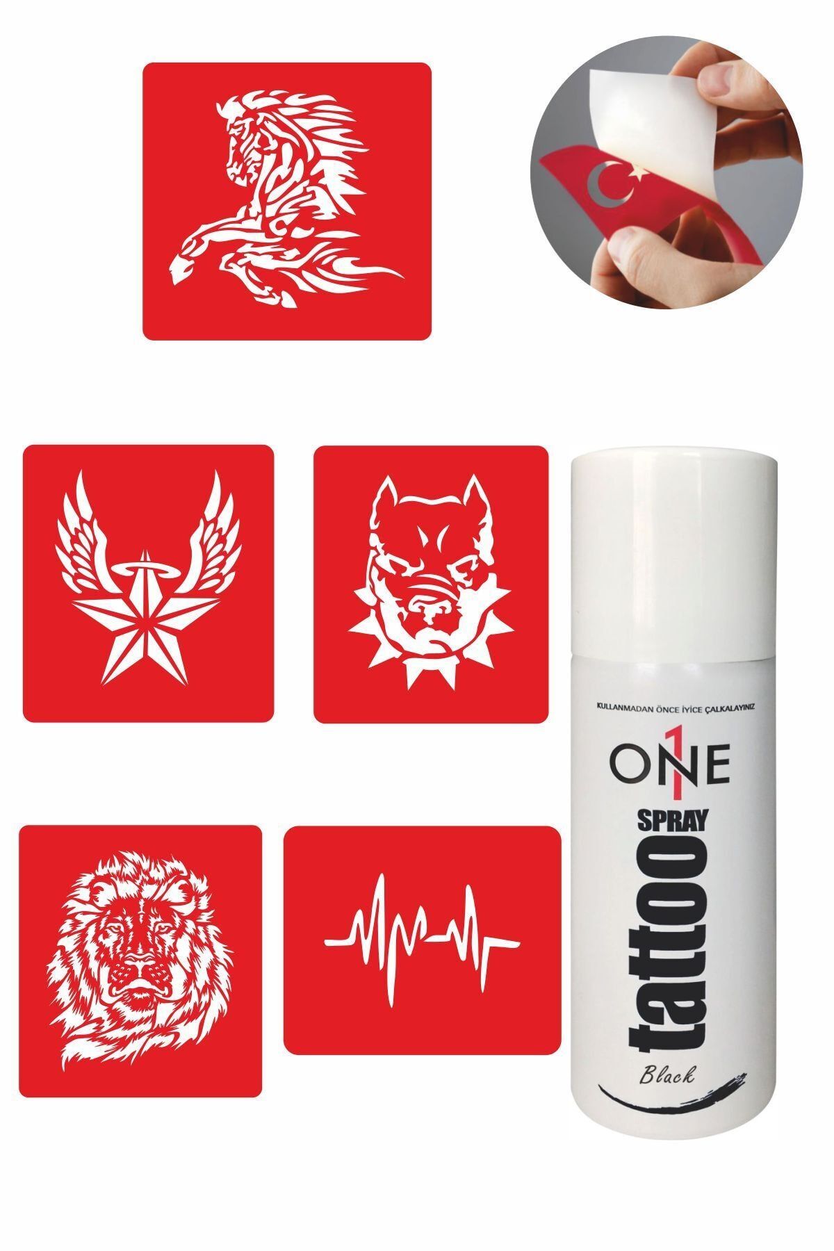 ONE SPRAY TATTOO Şahlanan At Dövme Seti Siyah Sprey Ve 5 Desen 7707915