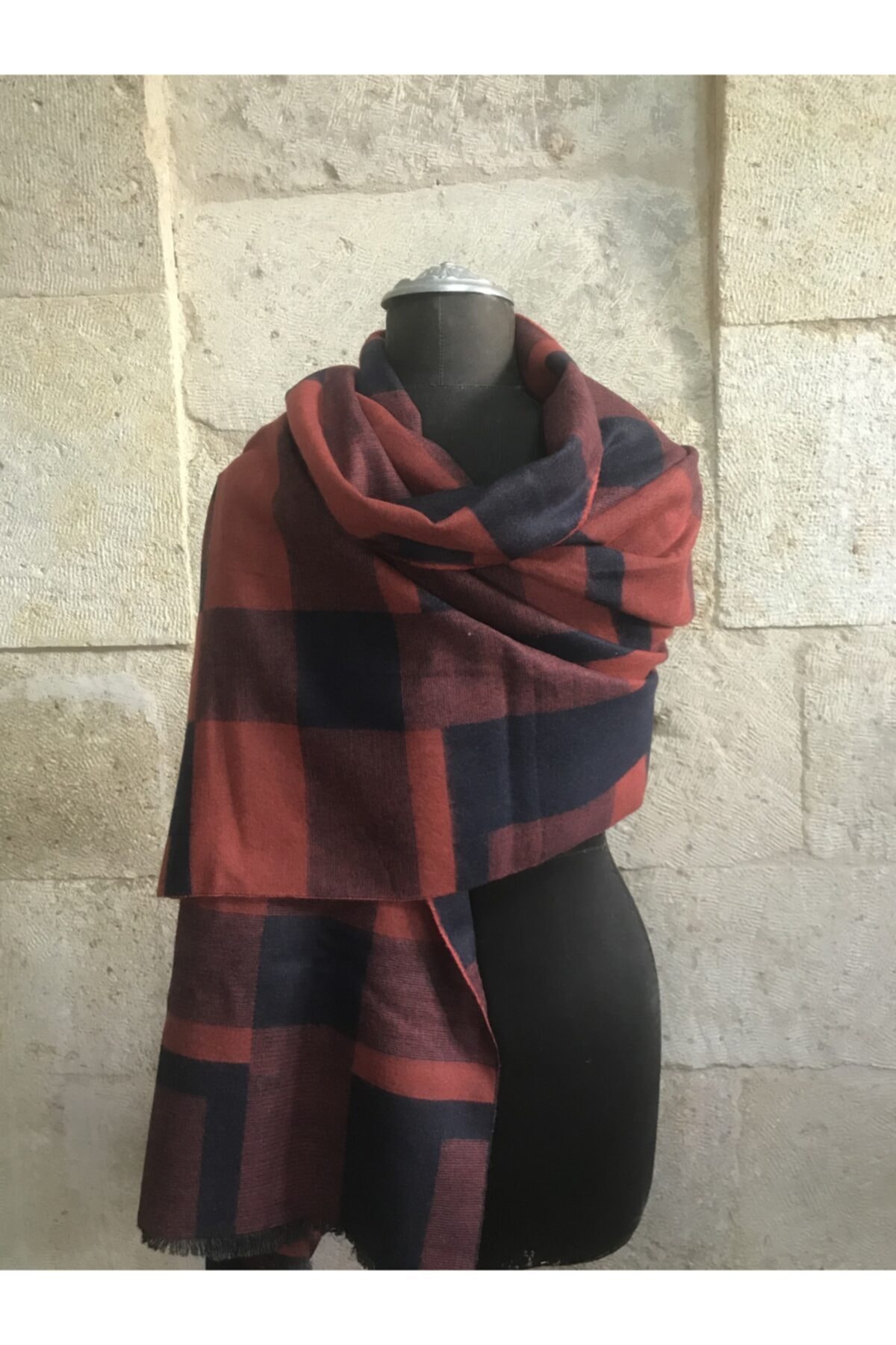 Ebru Sanat Evi Unisex Bordo Ekoseli Kaşmir Atkı-luxury Kaşmir Atkı