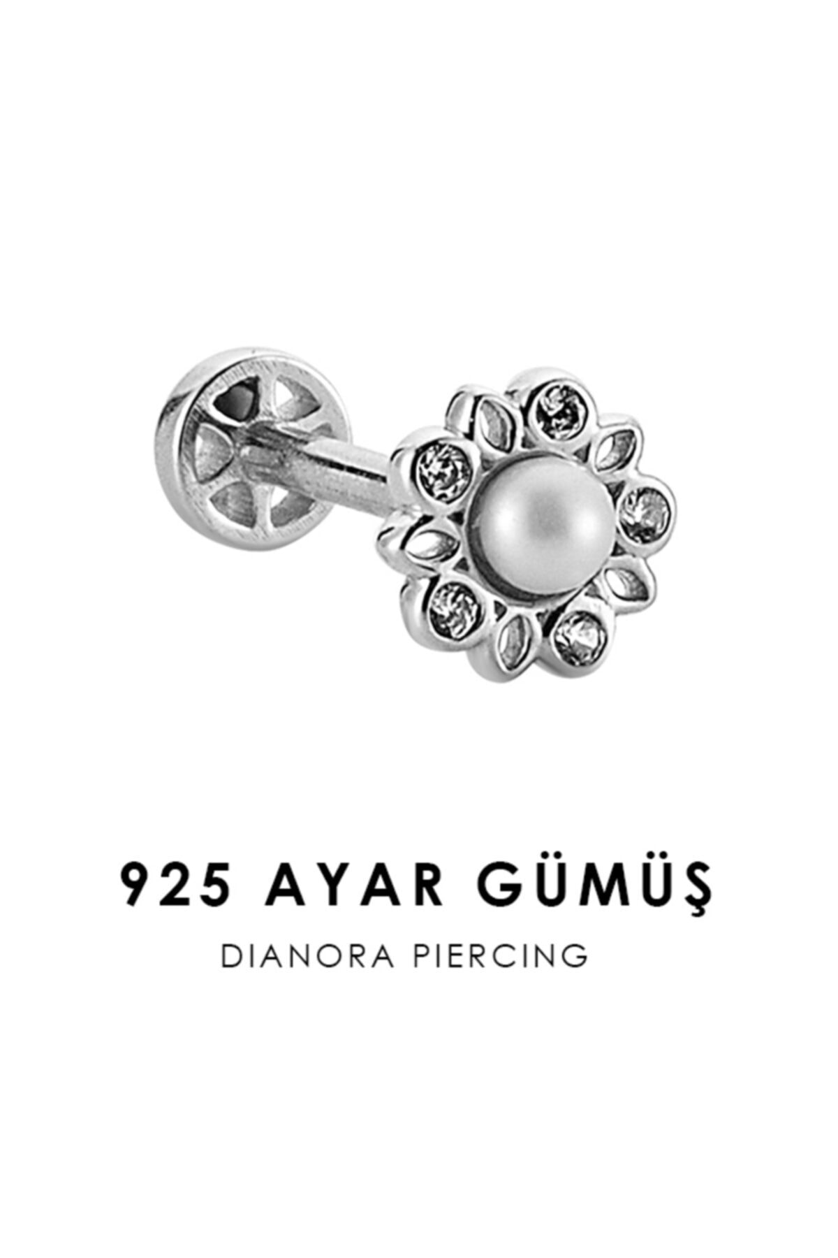 Dianora Piercing Taşlı Incili Çiçek Gümüş Tragus Piercing
