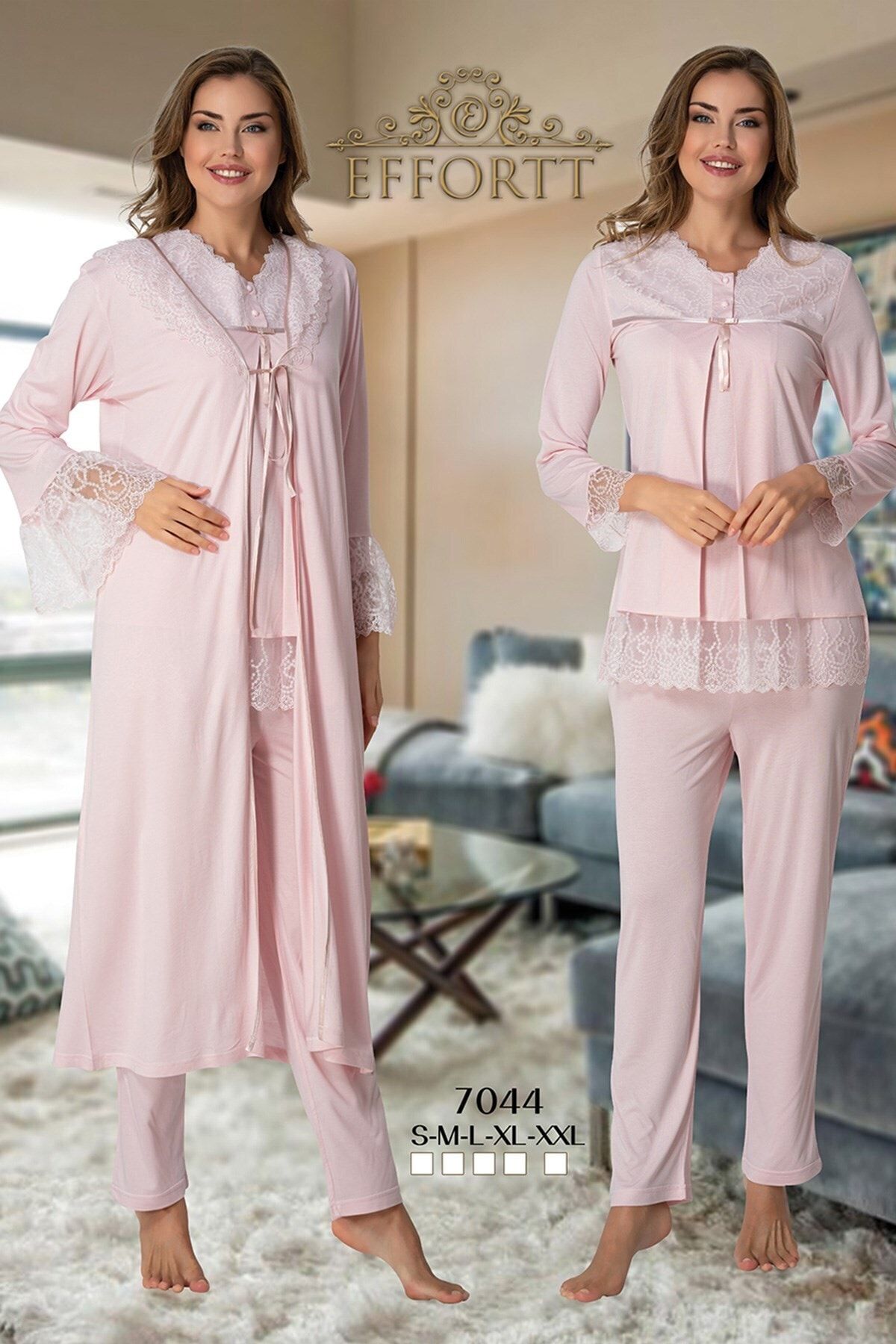 Effort Pijama Effortt 7044 Pudra Pembe Kolları Güpürlü Sabahlıklı Dantelli Lohusa Pijama Takımı