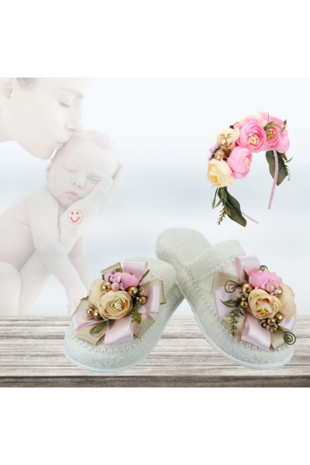 Süsle Baby Party Lohusa Terlik Ve Taç Seti, Çiçekli Pembe