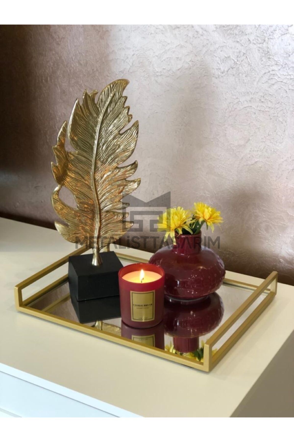 Metalist Tasarım Sefa Dekoratif Aynalı Tepsi Mat Gold Renk 30x40cm Açık Model Altın