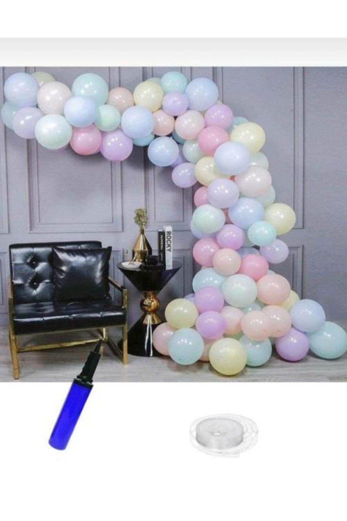 Kelebek Parti ve Kına Pastel Karısık Renk Makaron Balon Zinciri 60 Adet+balon Zinciri+pompa
