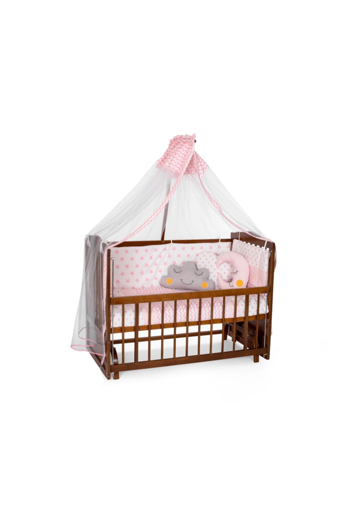 Heyner Ahşap Beşik Anne Yanı Beşik Sallanır Beşik Ceviz 60x120 + Pembe Yıldız Uyku Seti + Yatak
