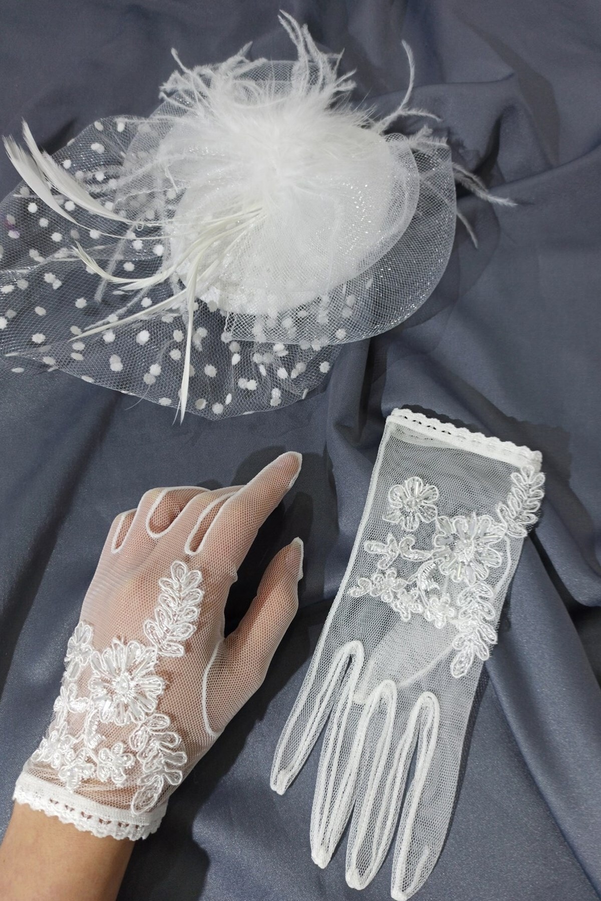 Hayalperest boncuk Beyaz Çiçekli Eldiven-vualet Nikah Şapkası