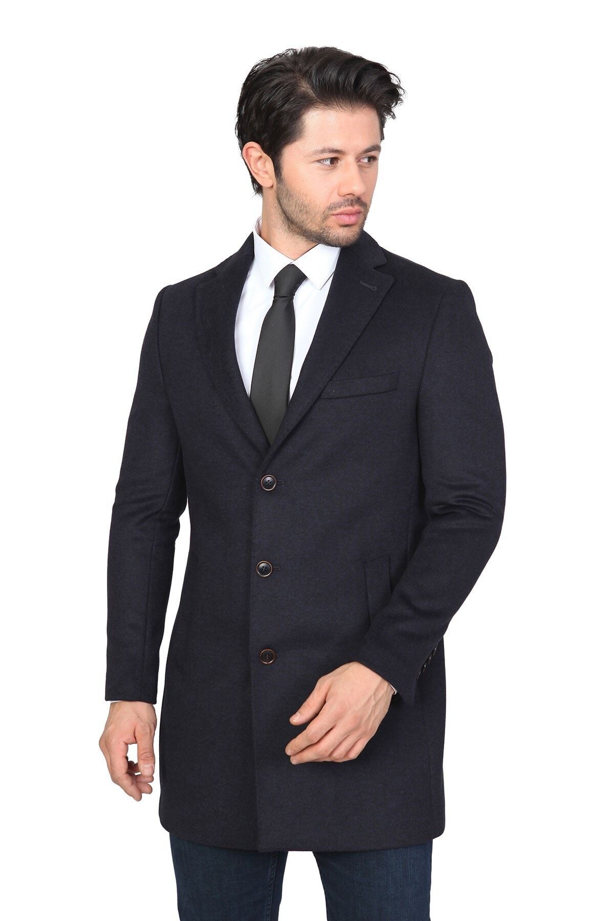 White Stone Balıksırtı Regular Fit Palto Lacivert