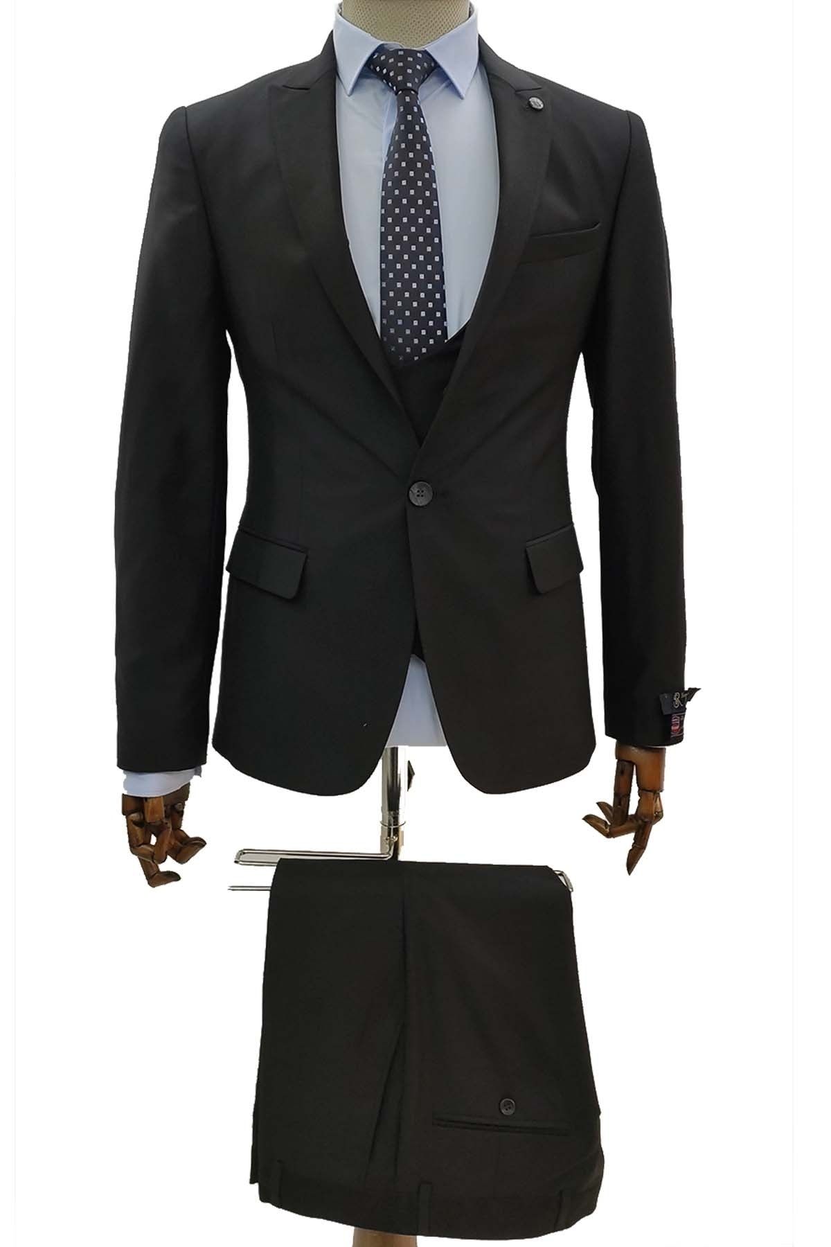 Seğmen Slim Fit Yelekli Siyah 6 Drop Takım Elbise