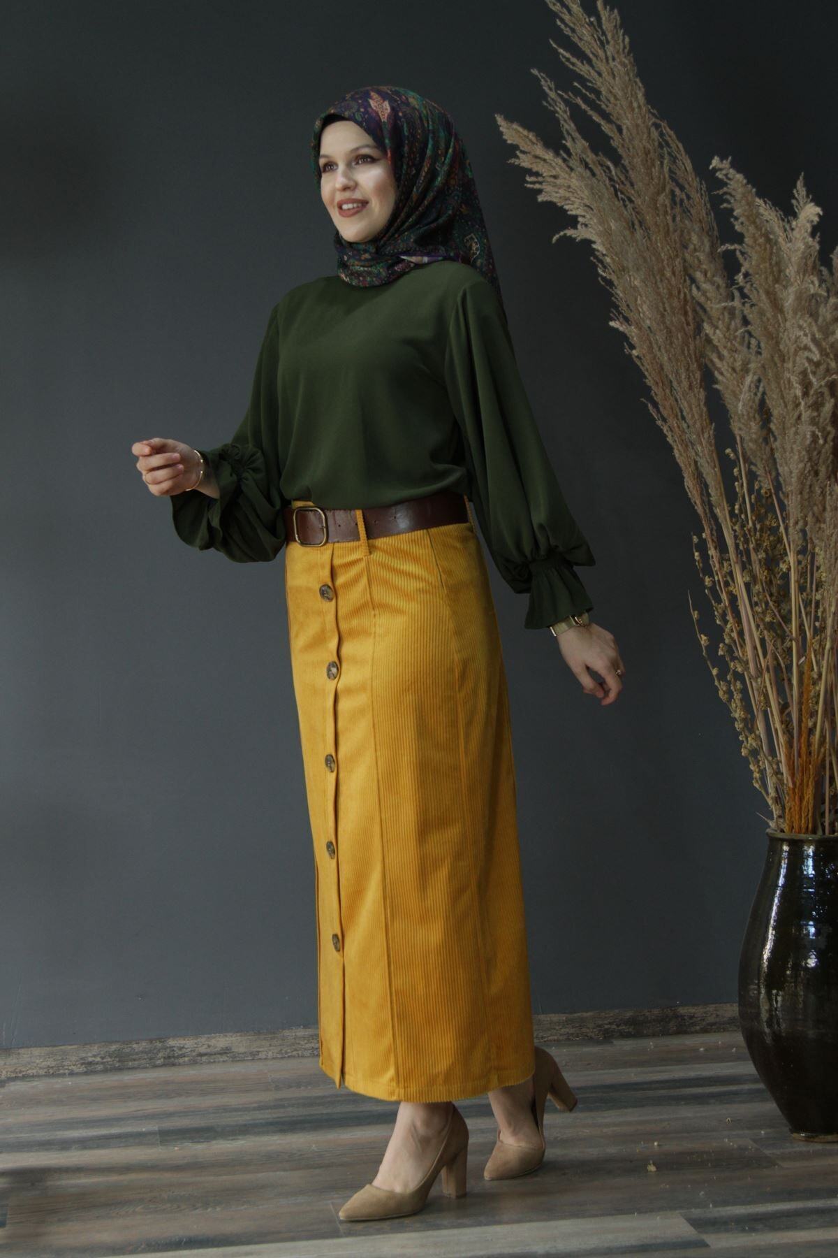 TUĞRA CENTER Tugra 1232 Ince Fitilli Kemer Aksesuarlı Kadife Kalem Etek