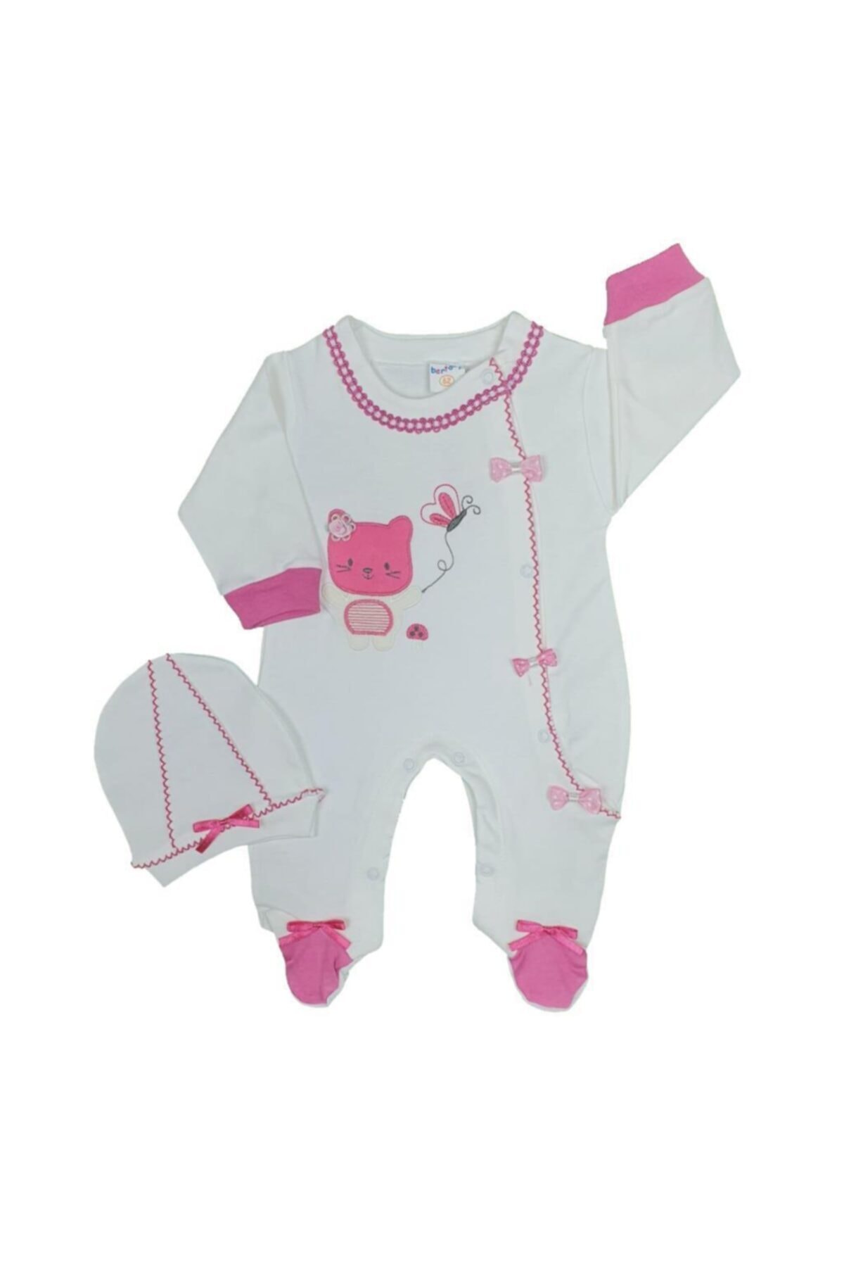 Bertoby Kız Bebek Kedi Modelli Nakışlı Şapkalı Tulum