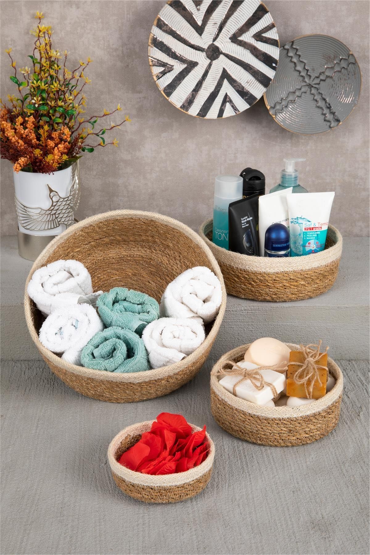Doreline Naturel Yuvarlak Krem Şeritli Hasır Sepet Lüx Organizer 4 Boy Banyo Ve Ev Dekoru