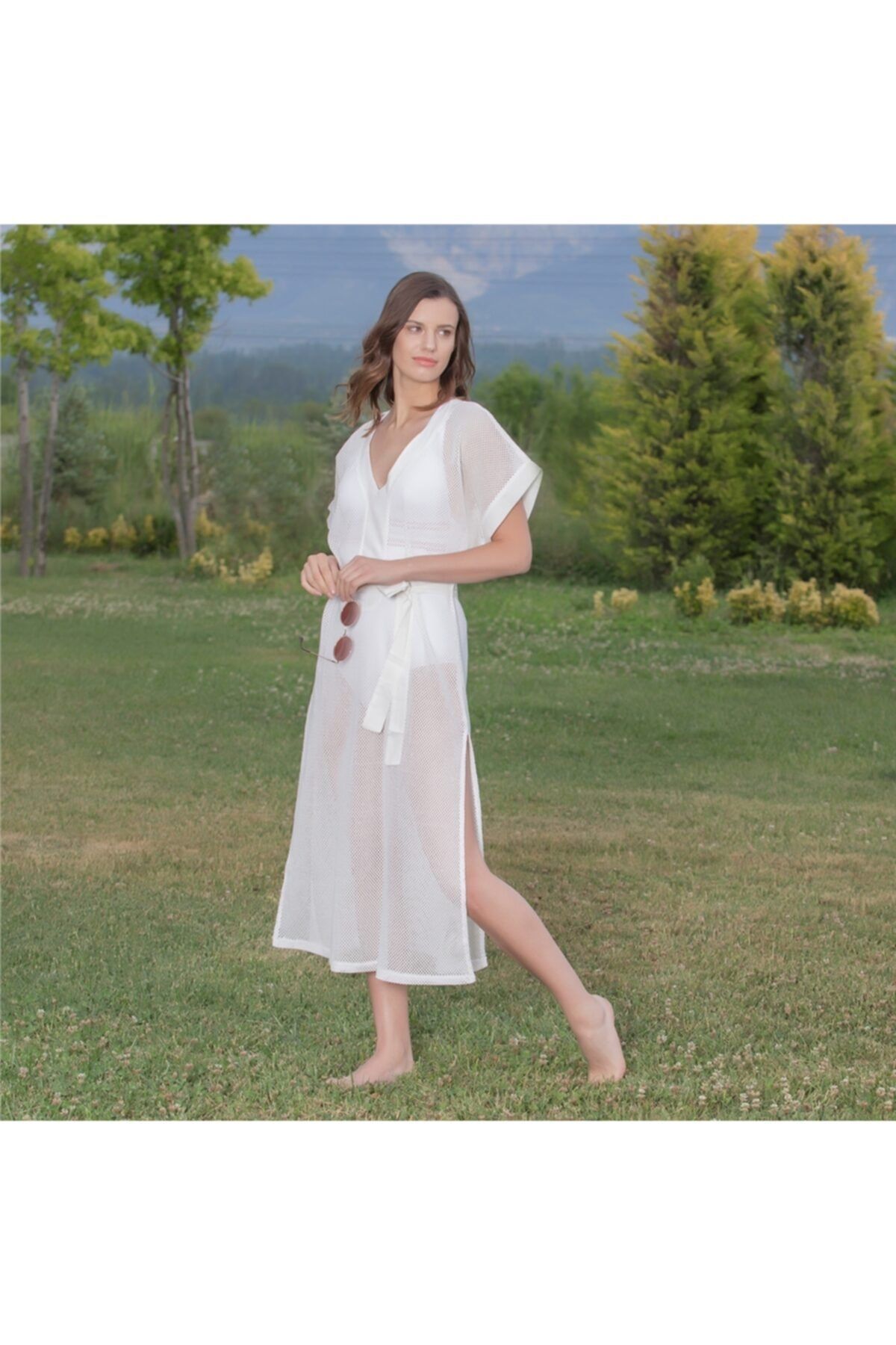 Chakra Mesh Elbise Ekru