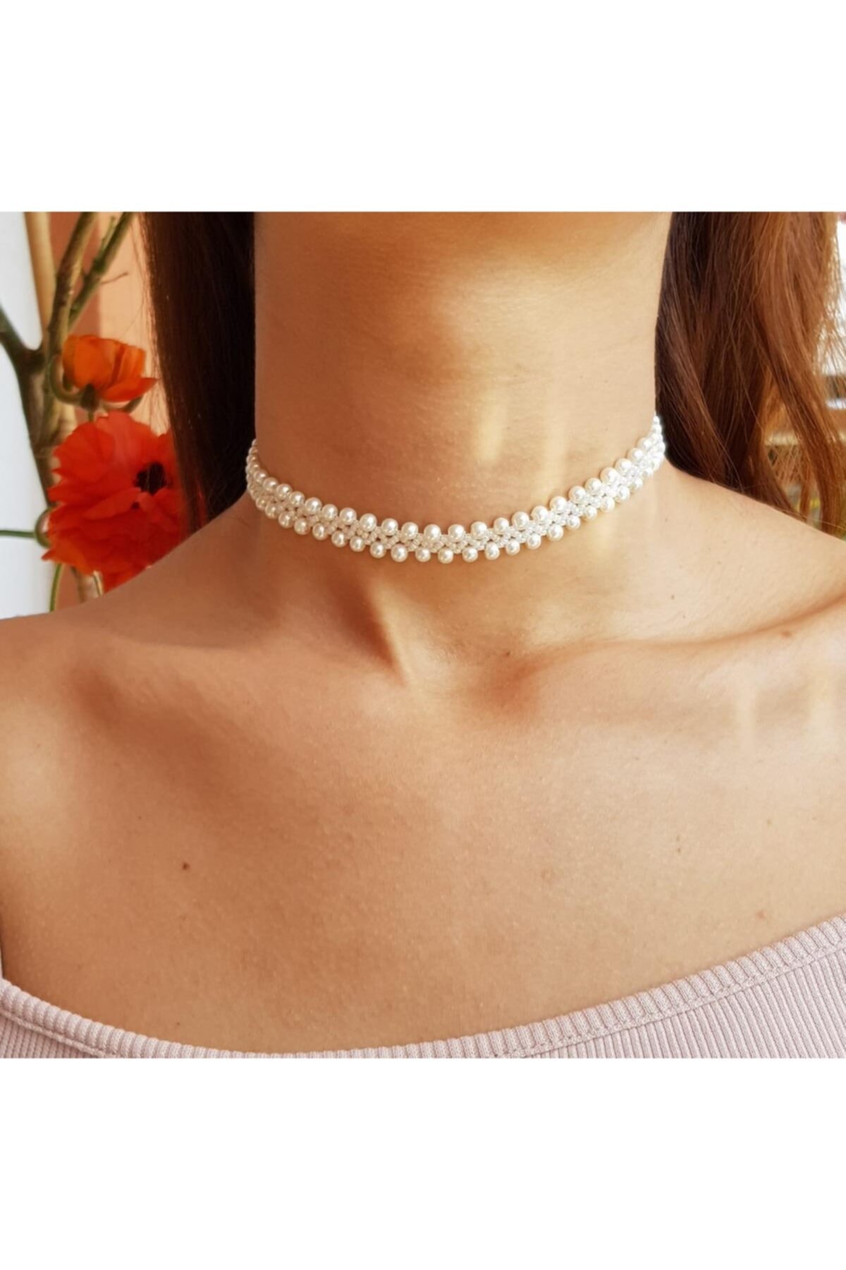 Handmade By HLY Kadın  El Yapımı Inci Detaylı Choker Kolye