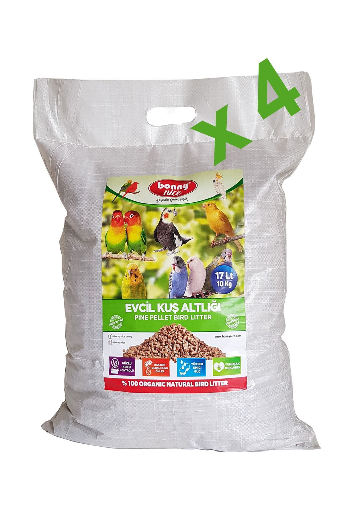 Bonny Nice Organik Çam Pelet Evcil Kuş Altlığı 10 Kg 17 L X 4 Paket 68 L