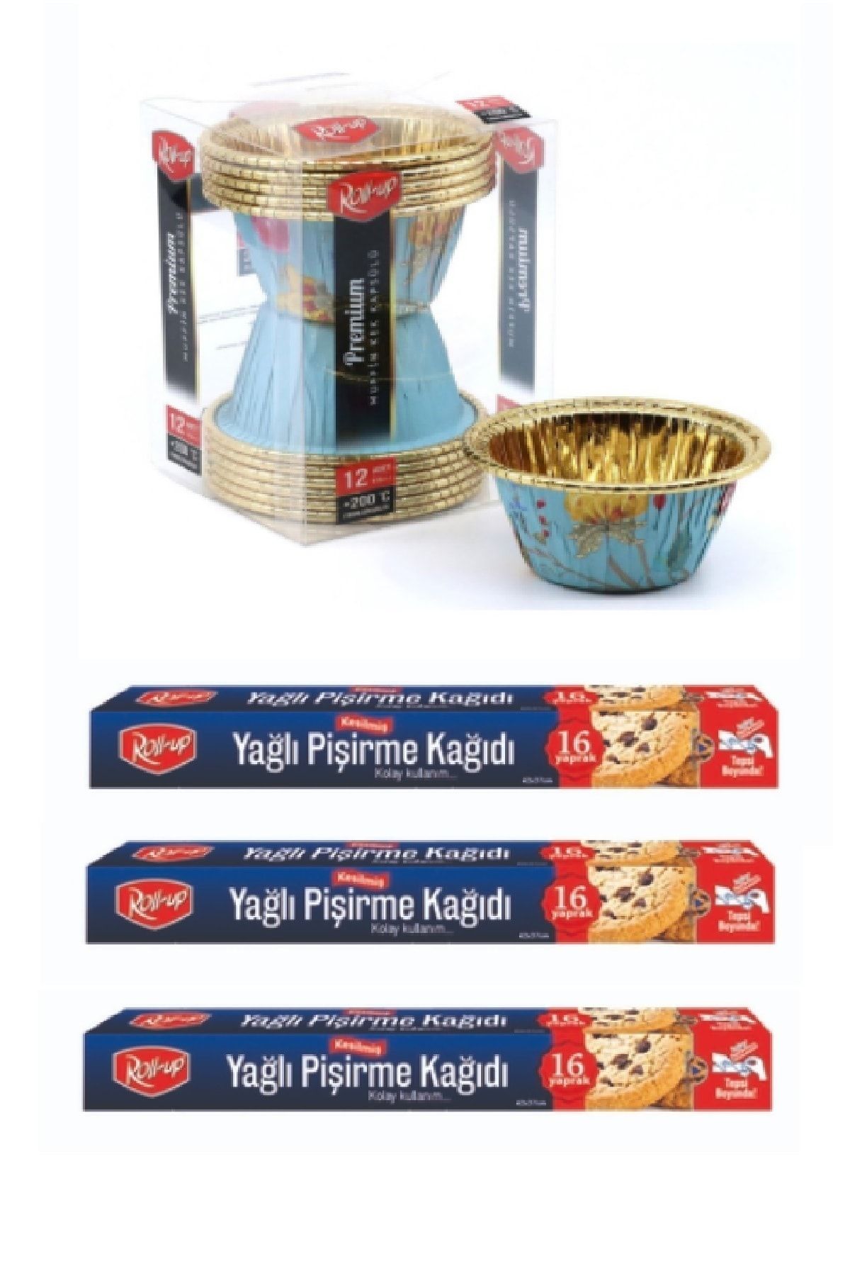 RollUp 3 Kutu 16 Yaprak Kesilmiş Yağlı Kağıt Ve 12 Adet Premium Muffin Kapsül Set-1
