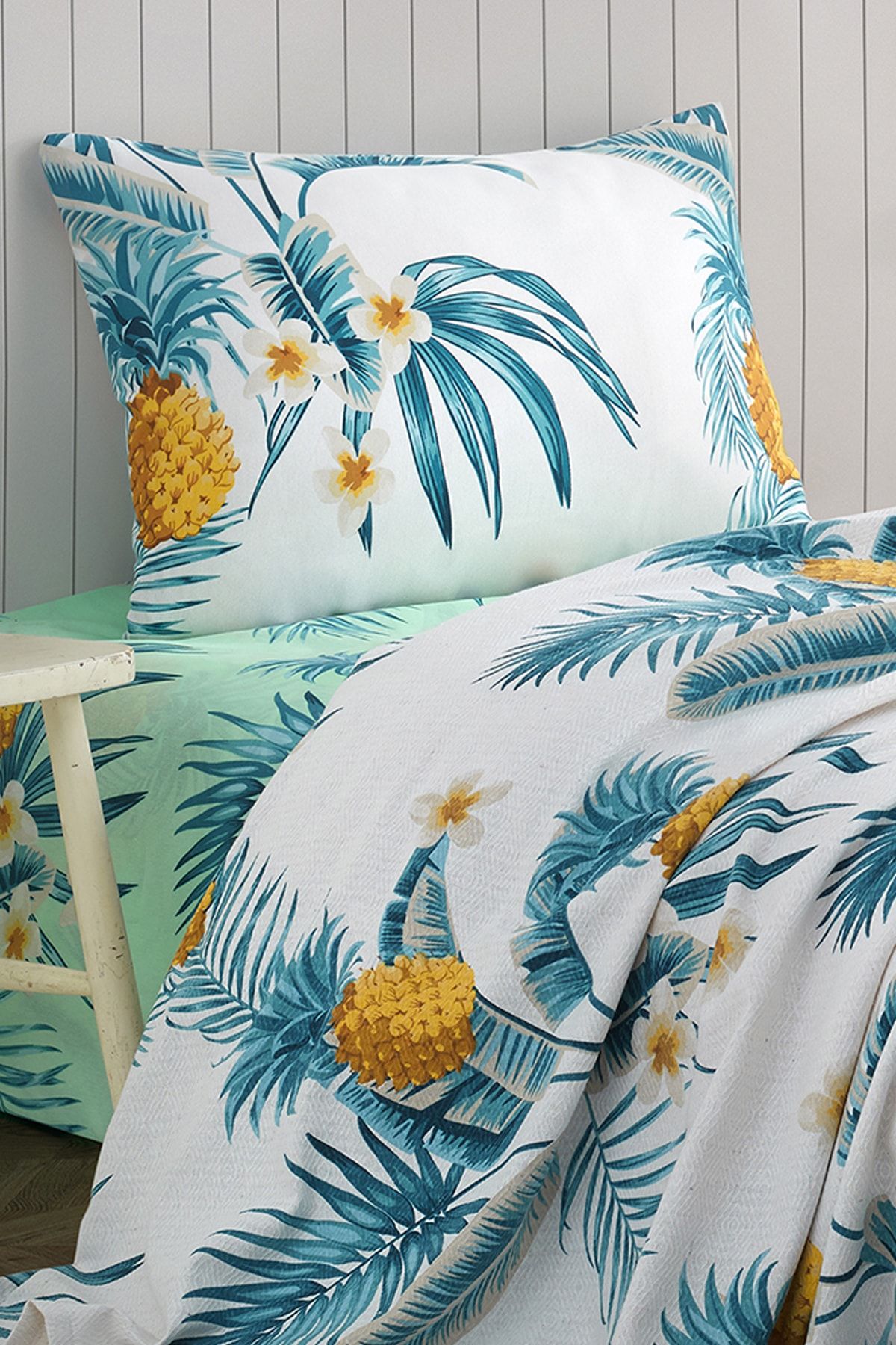 Ev & Ev Home Pike Seti Baskılı Tek Kişilik CustomAnanas  Beyaz
