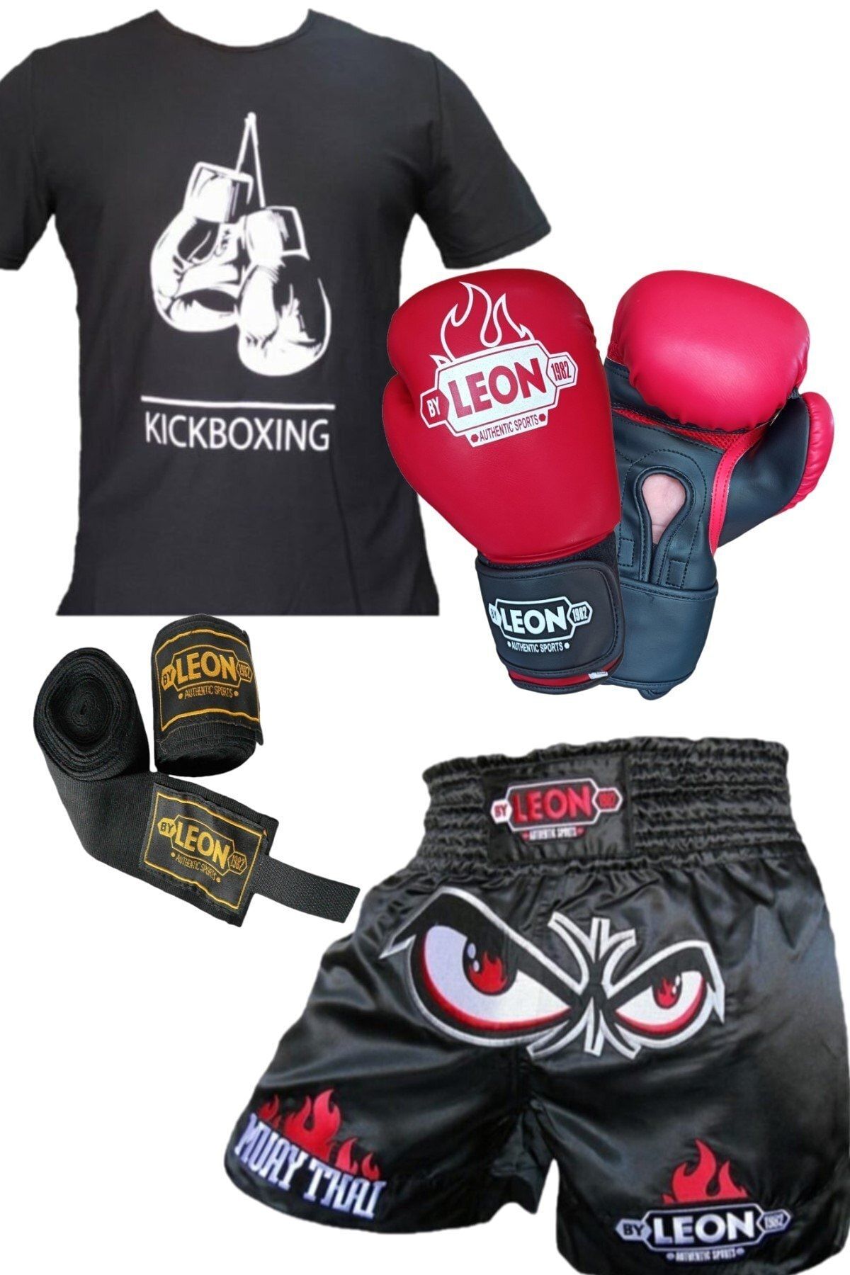 By Leon 1982 Unisex Kickboks Boks Thai Eldiveni Tişört Şort 3,5 Metre Bandaj Seti
