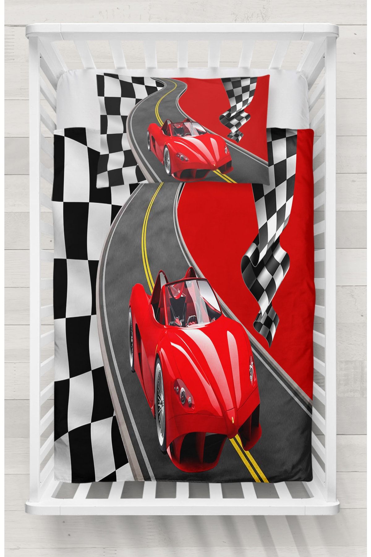 Else Dekor Red Race Car Flag Road 3D Patterned Baby Bedding Set