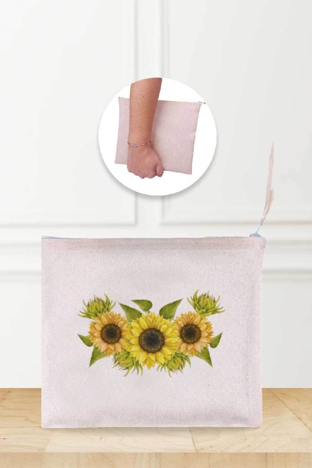 Gizeo Concept Sunflowers Patterned Linen Makeup Bag Trendyol