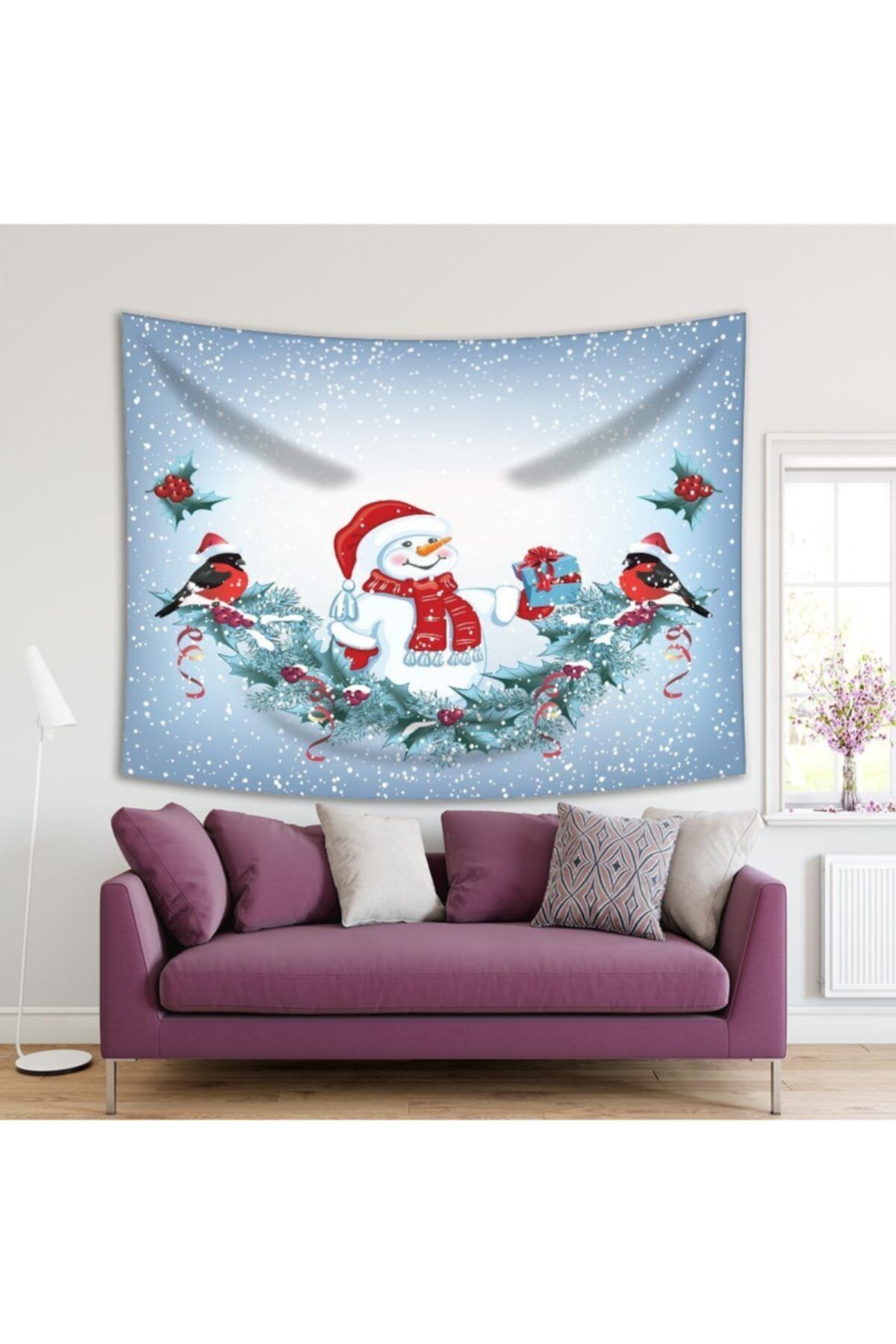 Henge Home Baskılı Duvar Örtüsü Noel Ağacı Tema Kardan Adam Yılbaşı Kırmızı