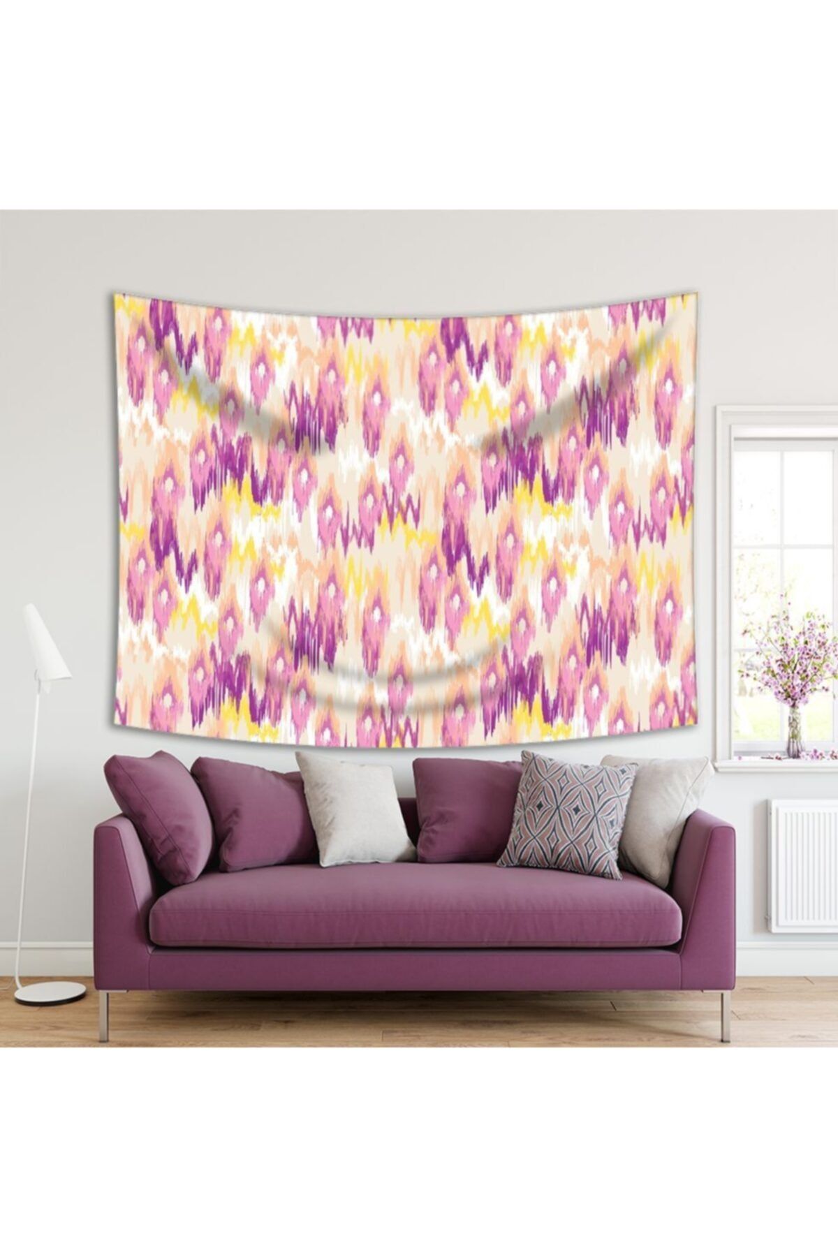Henge Home Baskılı Duvar Örtüsü Pembe Sulu Boya Etkili Renkli İkat Batik