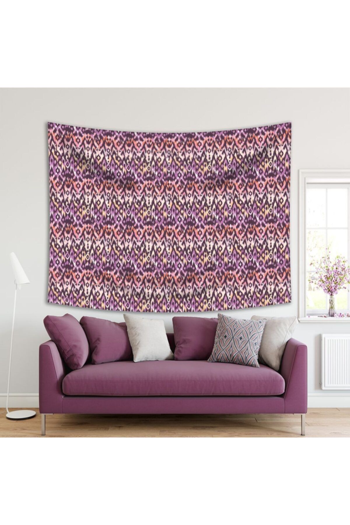 Henge Home Baskılı Duvar Örtüsü Mor Sarı Turuncu Renkli İkat Desenli Batik