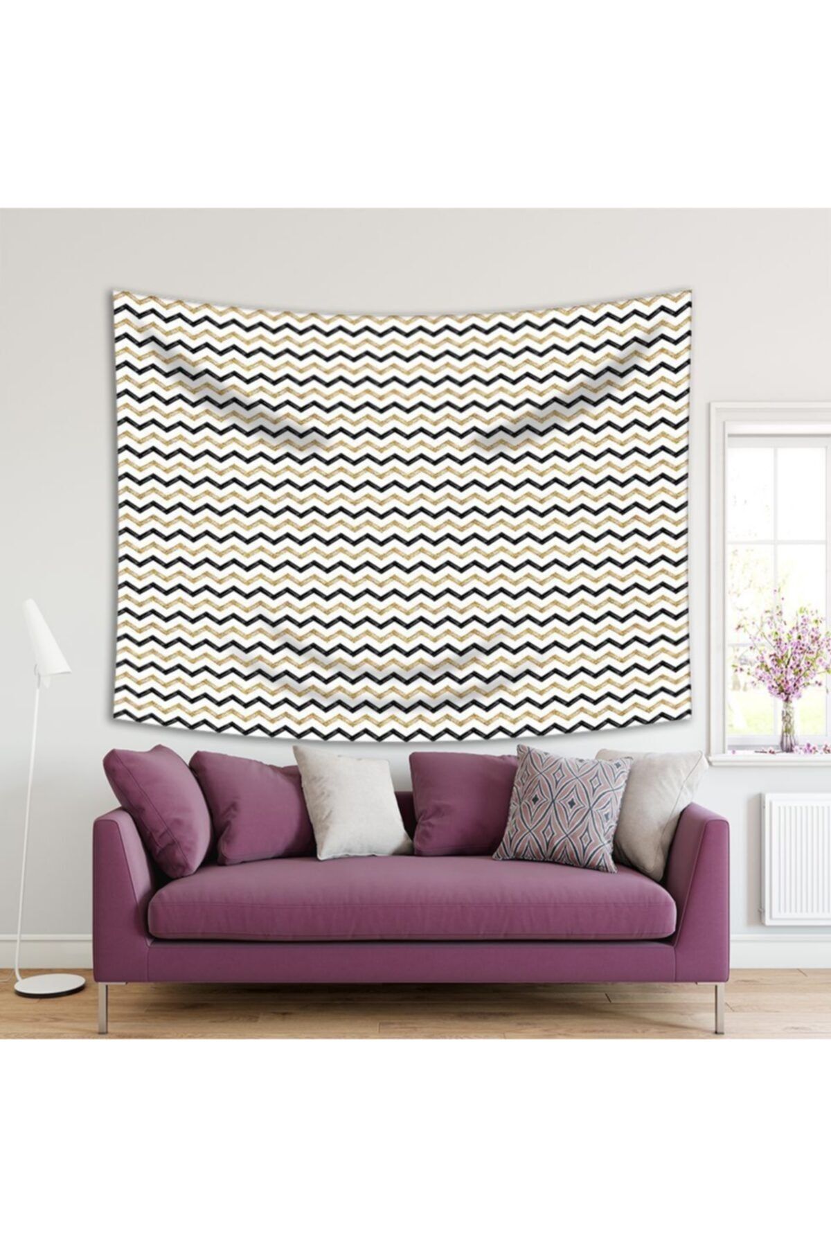 Henge Home Baskılı Duvar Örtüsü Zigzag Siyah Altın Çizgili Dekoratif