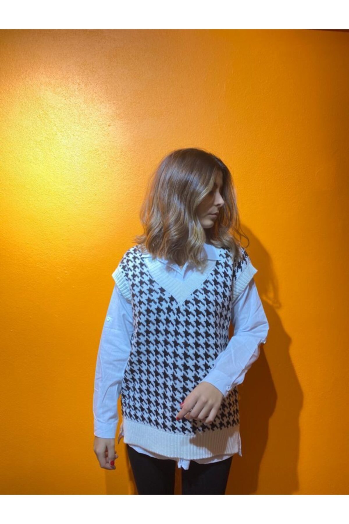 Lumierez Boutique Kadın Beyaz  Kaz Ayağı Desenli Süveter