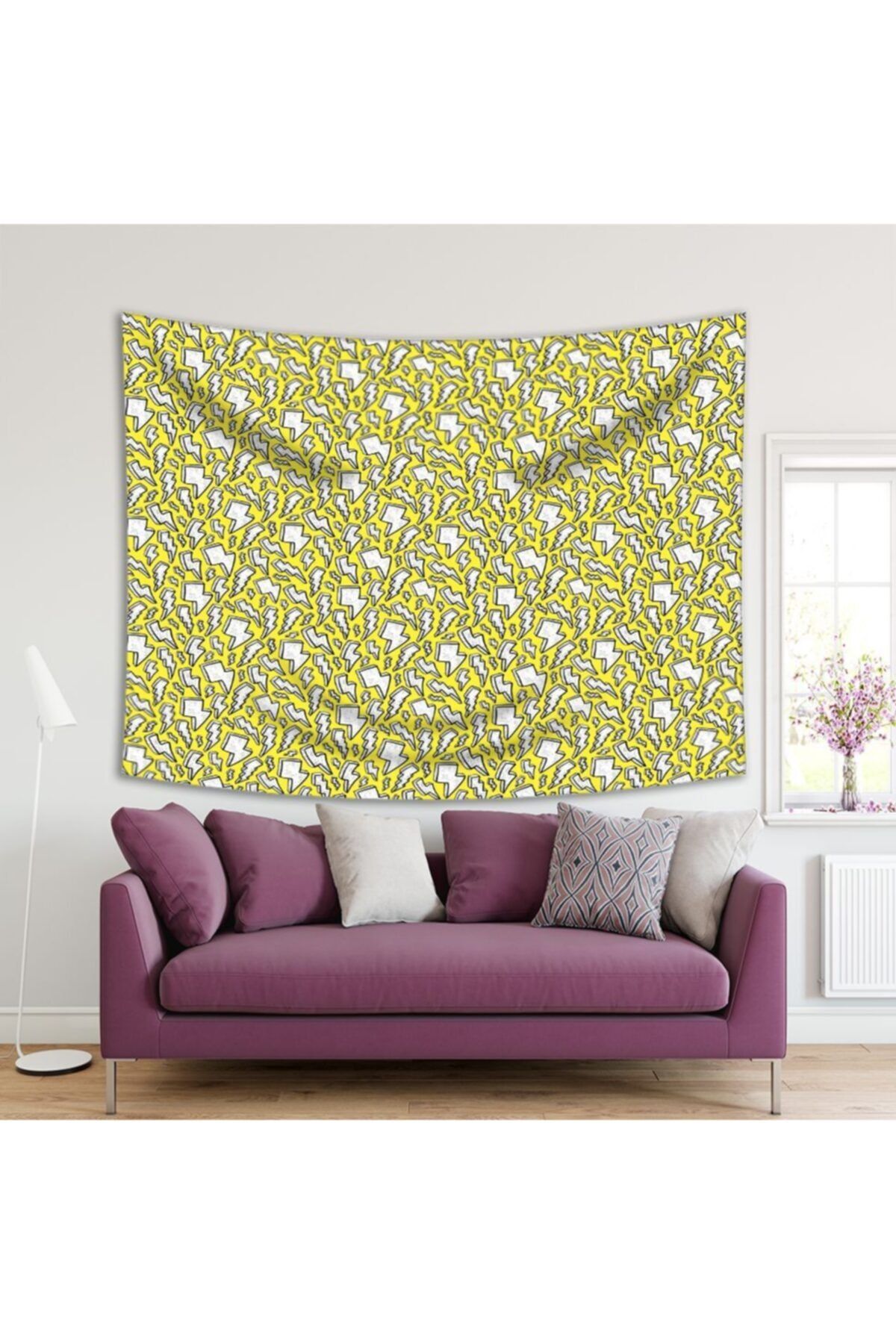 Henge Home Baskılı Duvar Örtüsü Sarı Pop-Art Sanatı Etkili Şimşek Desenli