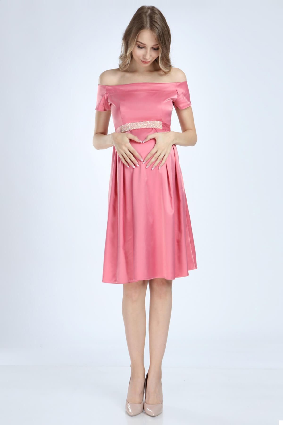 Moda Labio Saten Incili Kısa Hamile Elbisesi Pembe