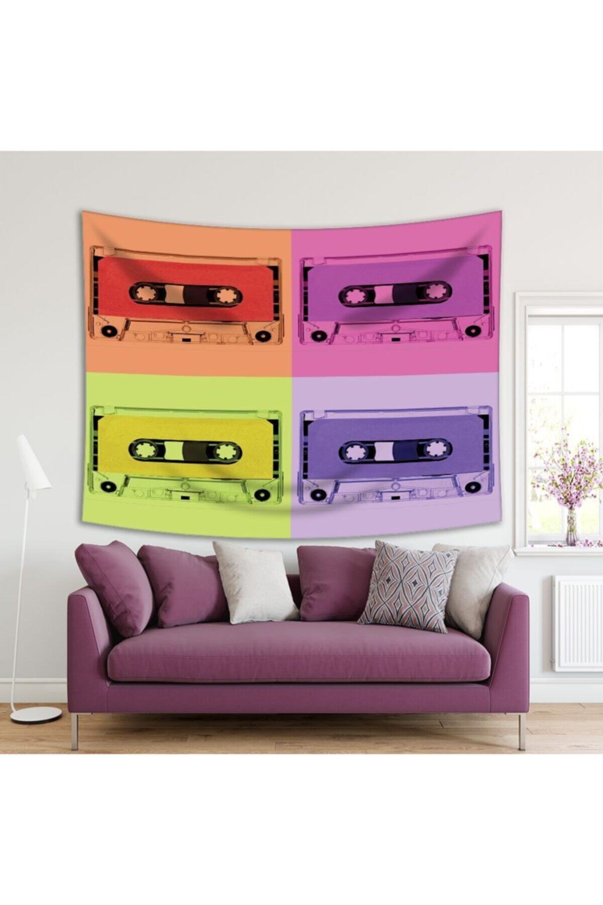 Henge Home Baskılı Duvar Örtüsü Pop-Art Sanatı Etkili Renkli Kaset Desenli