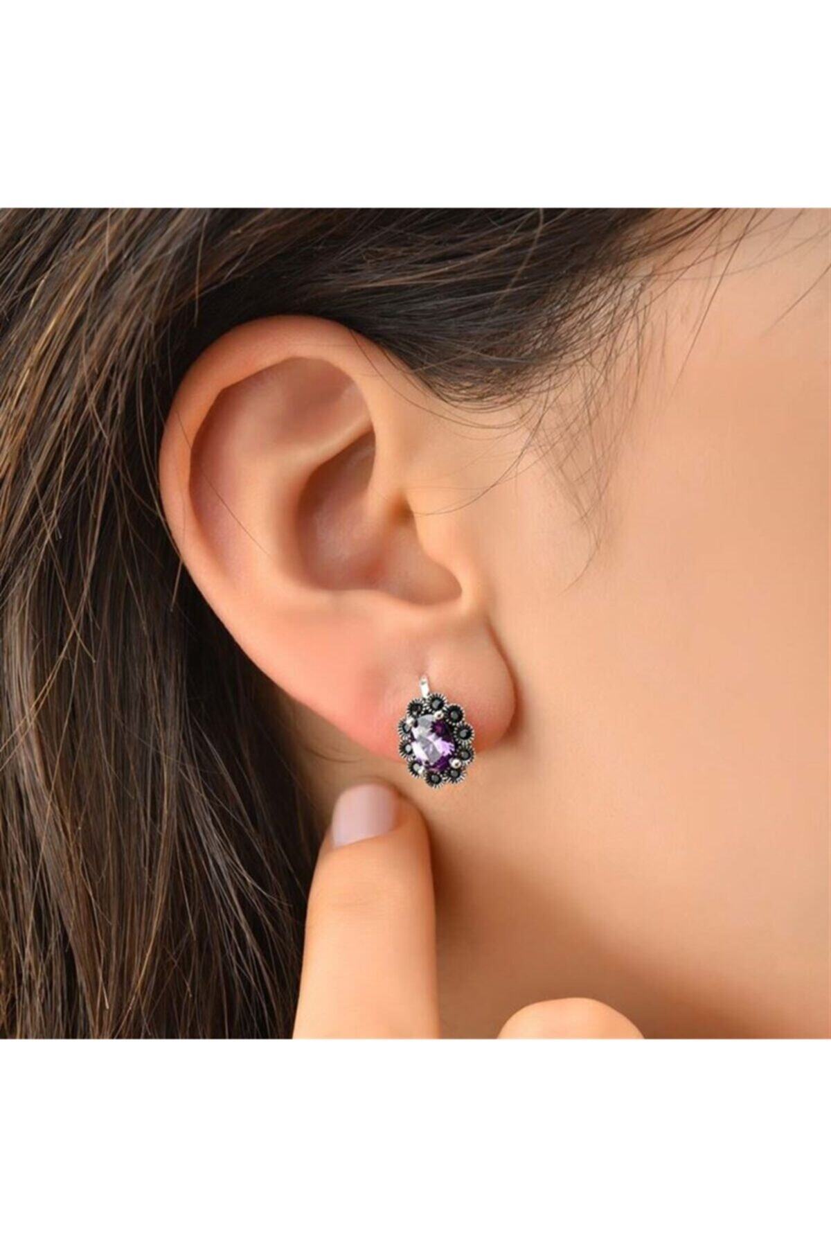 jelux silver Oval Model Ametist Taşlı Gümüş Küpe
