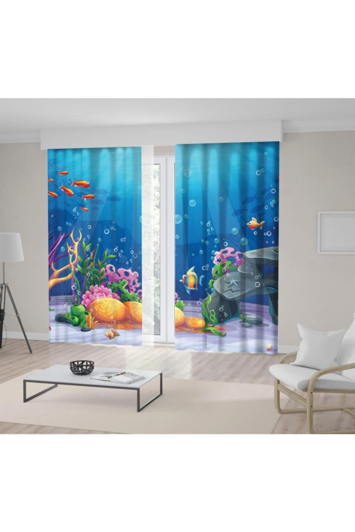 Henge Home Çocuklar İçin Deniz Altı Balık Desenli Fon Perde