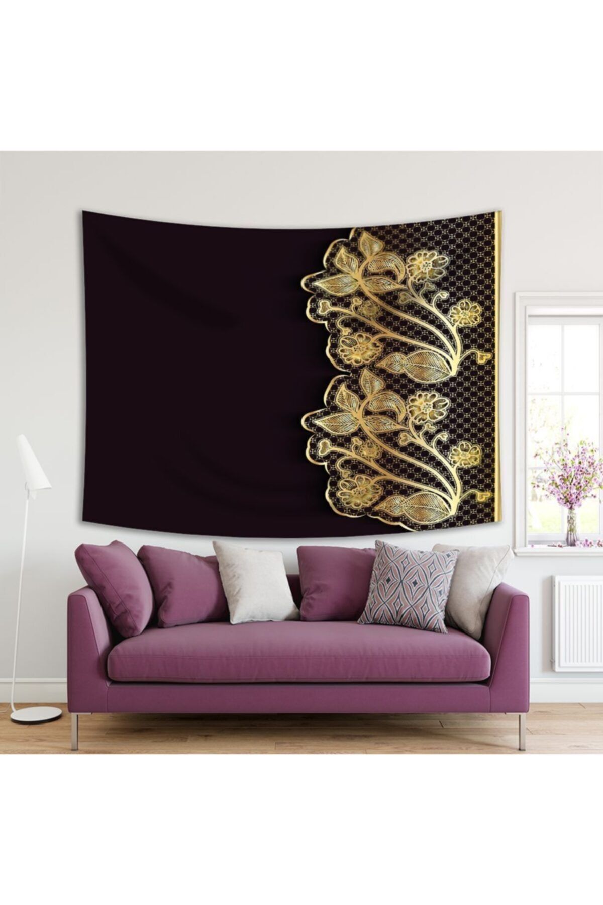 Henge Home Baskılı Duvar Örtüsü Dantel Desenli Lüks Gold Altın Rengi Siyah