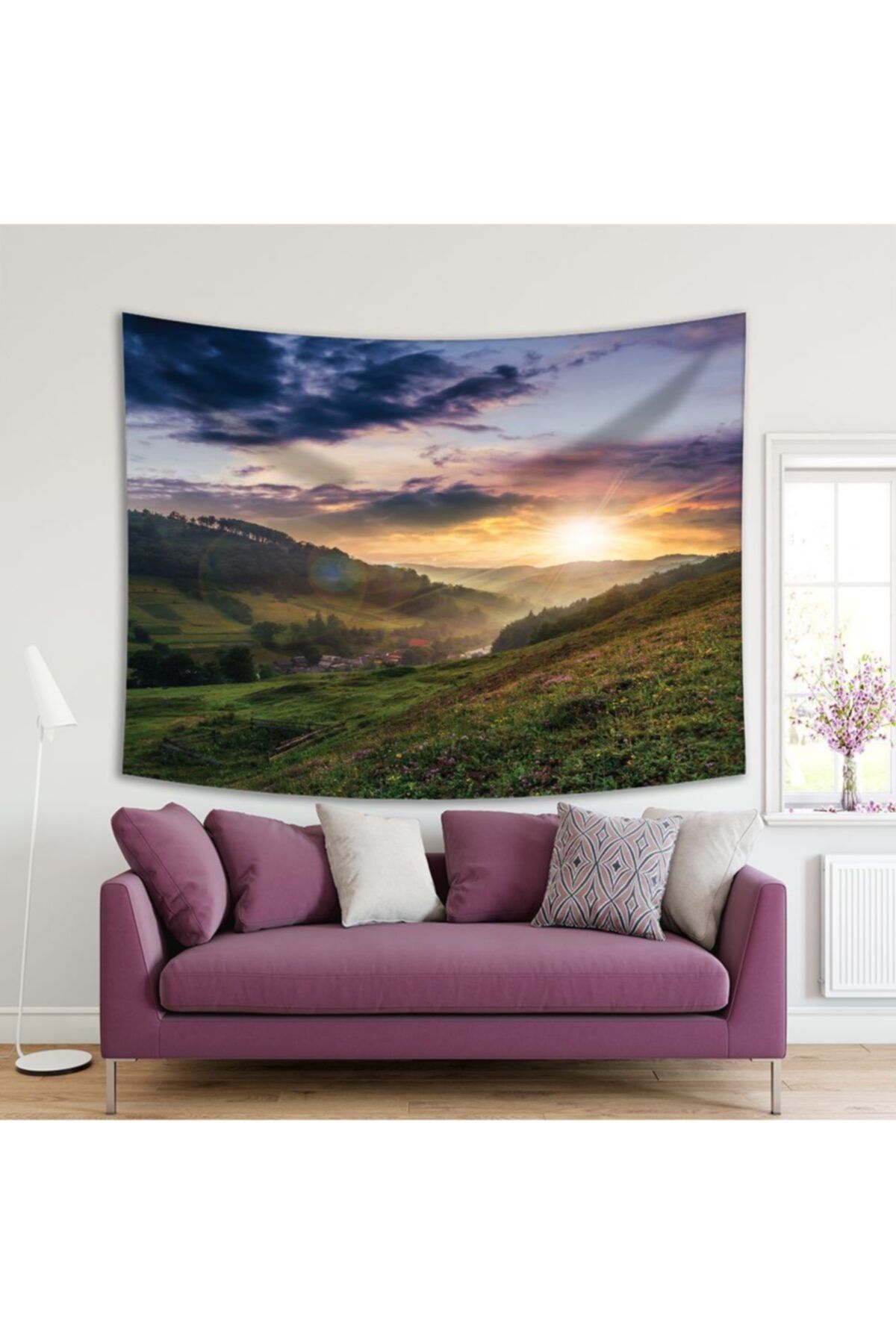 Henge Home Baskılı Duvar Örtüsü Gün Batımı Yeşil Yayla Manzaralı Desen