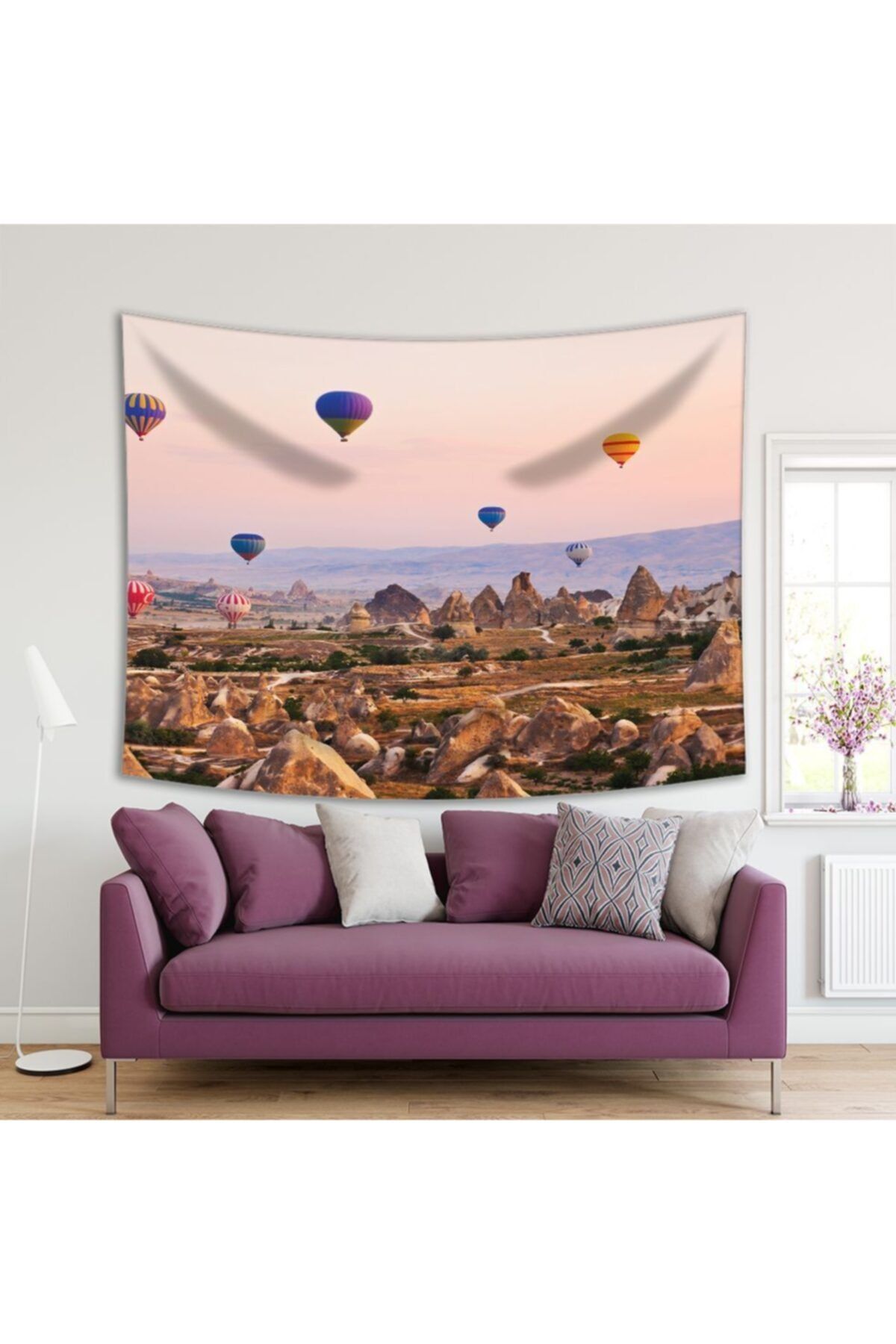 Henge Home Baskılı Duvar Örtüsü Kapadokya Balon Manzaralı Vadi Desenli