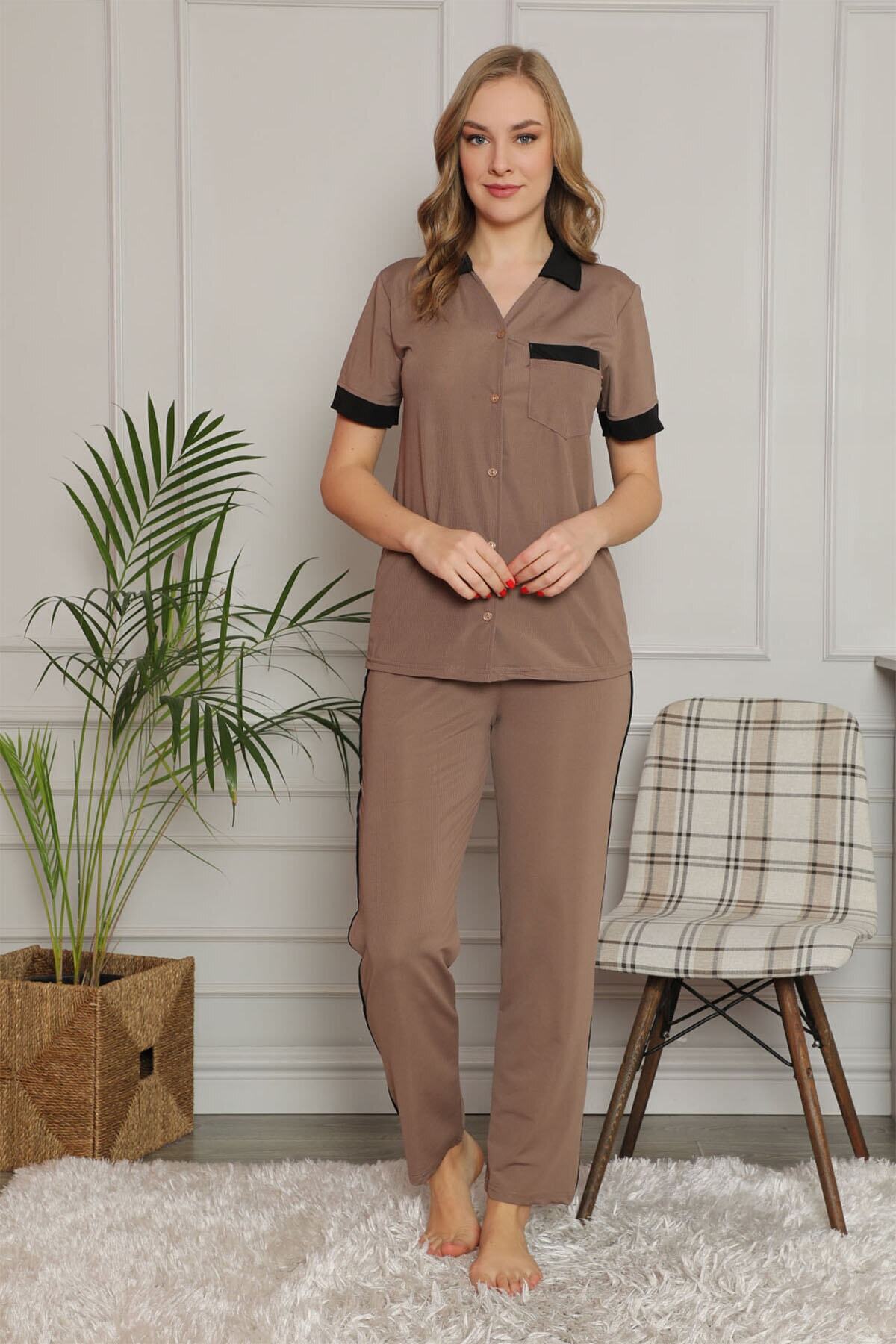 pijamacity Kadın Bej Kısa Kollu Cep Detaylı Pijama Takımı