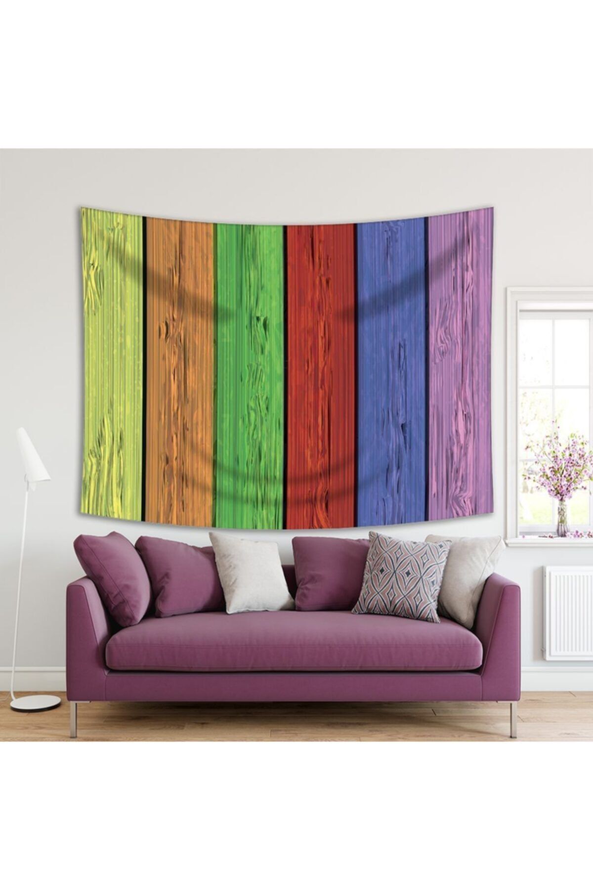 Henge Home Baskılı Duvar Örtüsü Ahşap Deseni Yeşil Mavi Kırmızı Mor Sarı