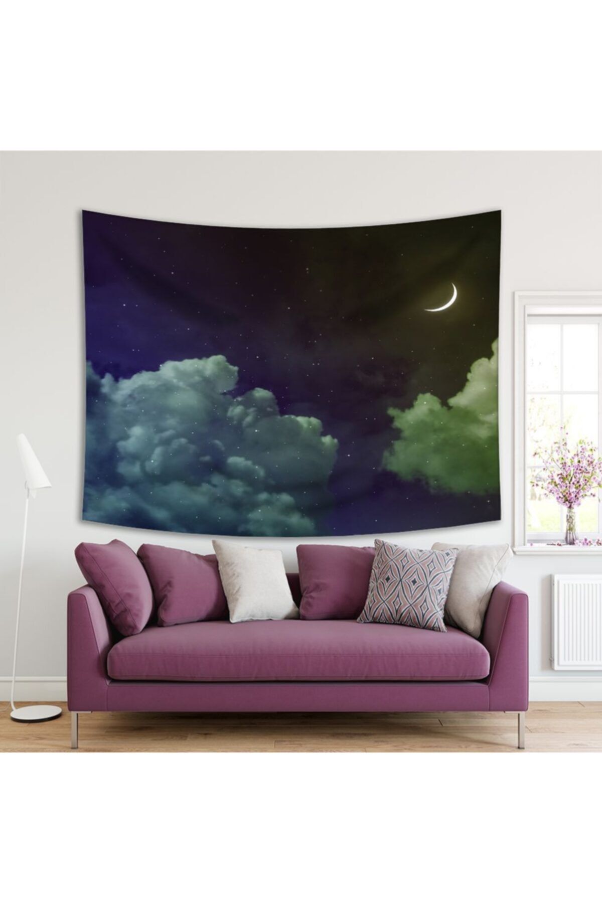 Henge Home Baskılı Duvar Örtüsü Gece Manzarası Ay Bulut Deseni Mor Yeşil