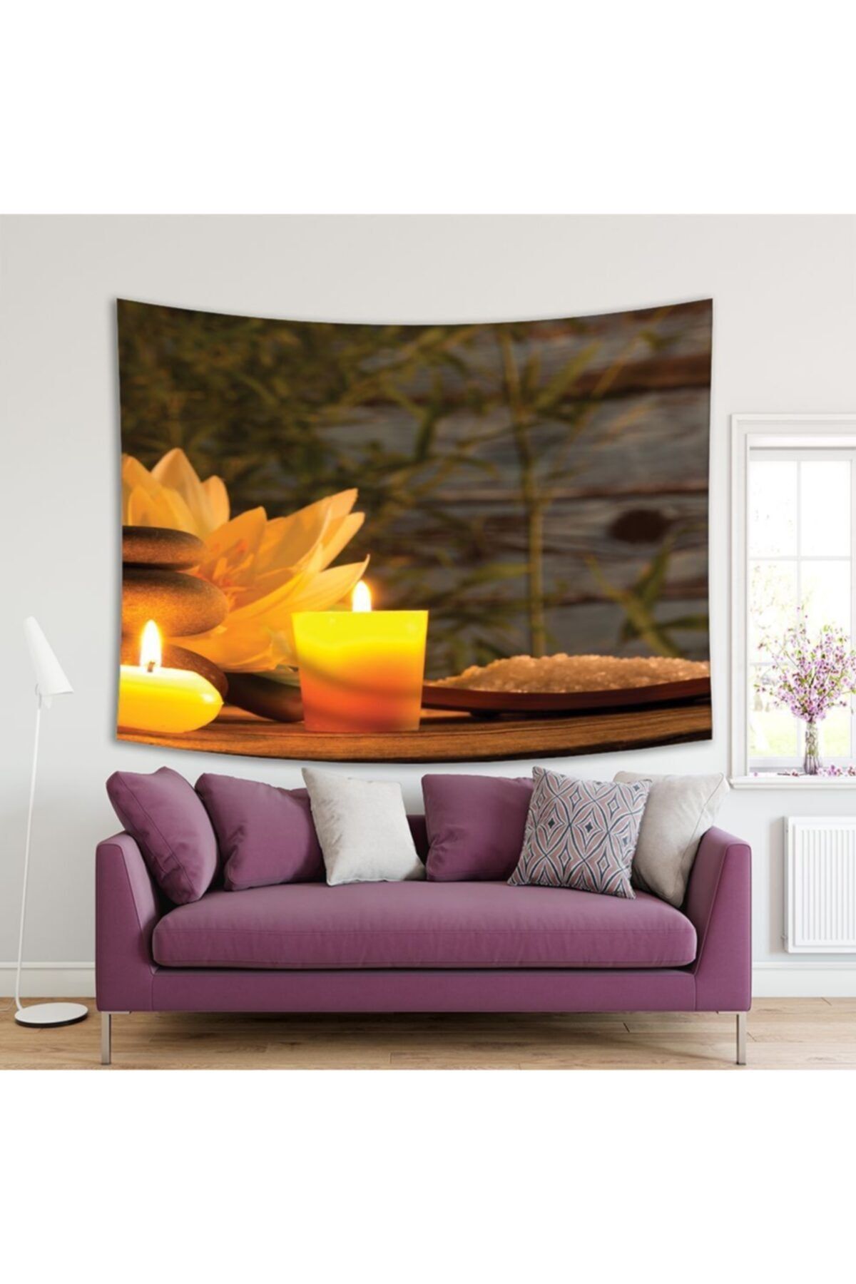 Henge Home Baskılı Duvar Örtüsü Masaj Spa Taşları Mum Desenli Sarı