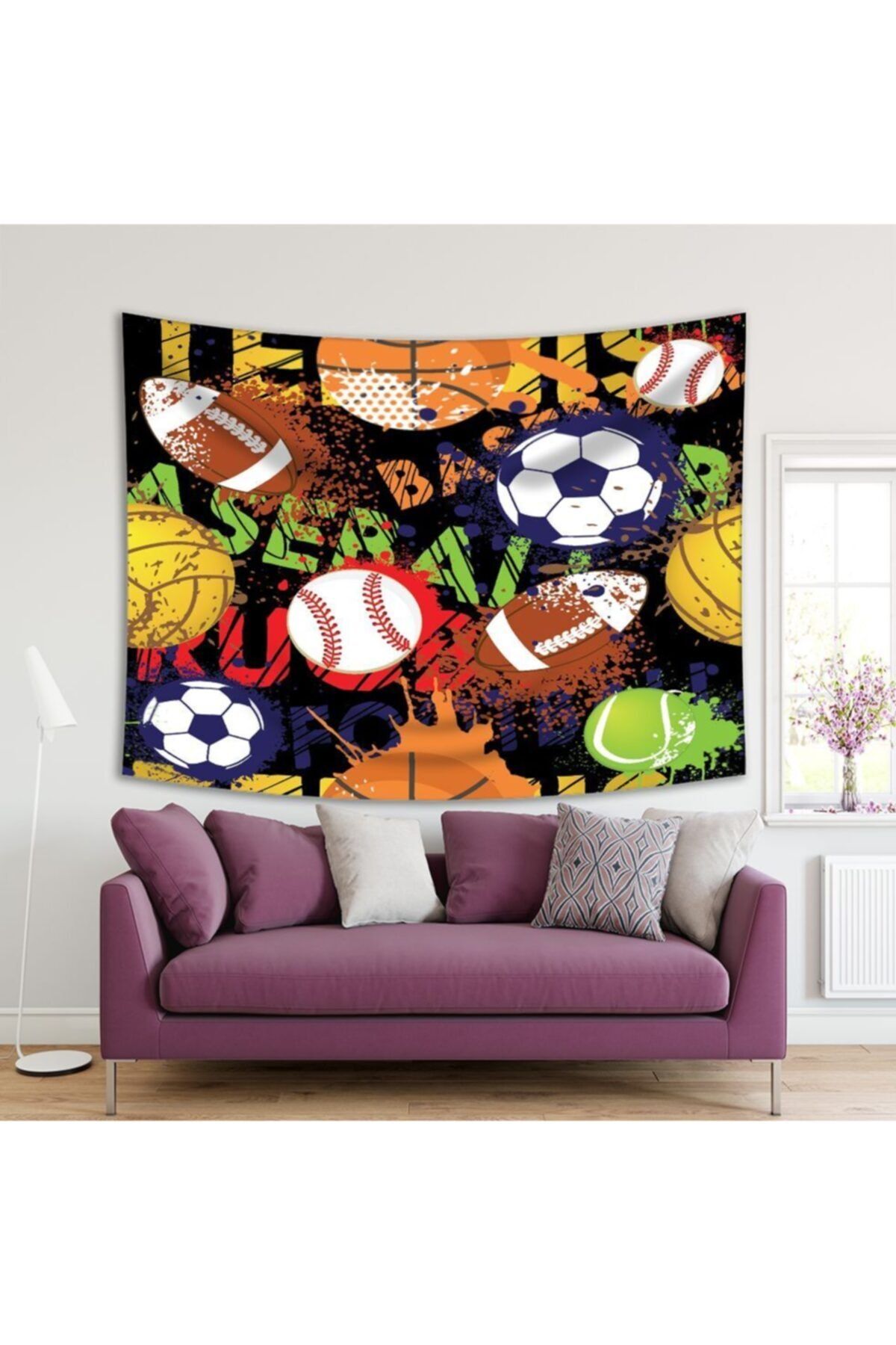 Henge Home Baskılı Duvar Örtüsü Renkli Top Yazı Deseni Mor Kırmızı Sarı