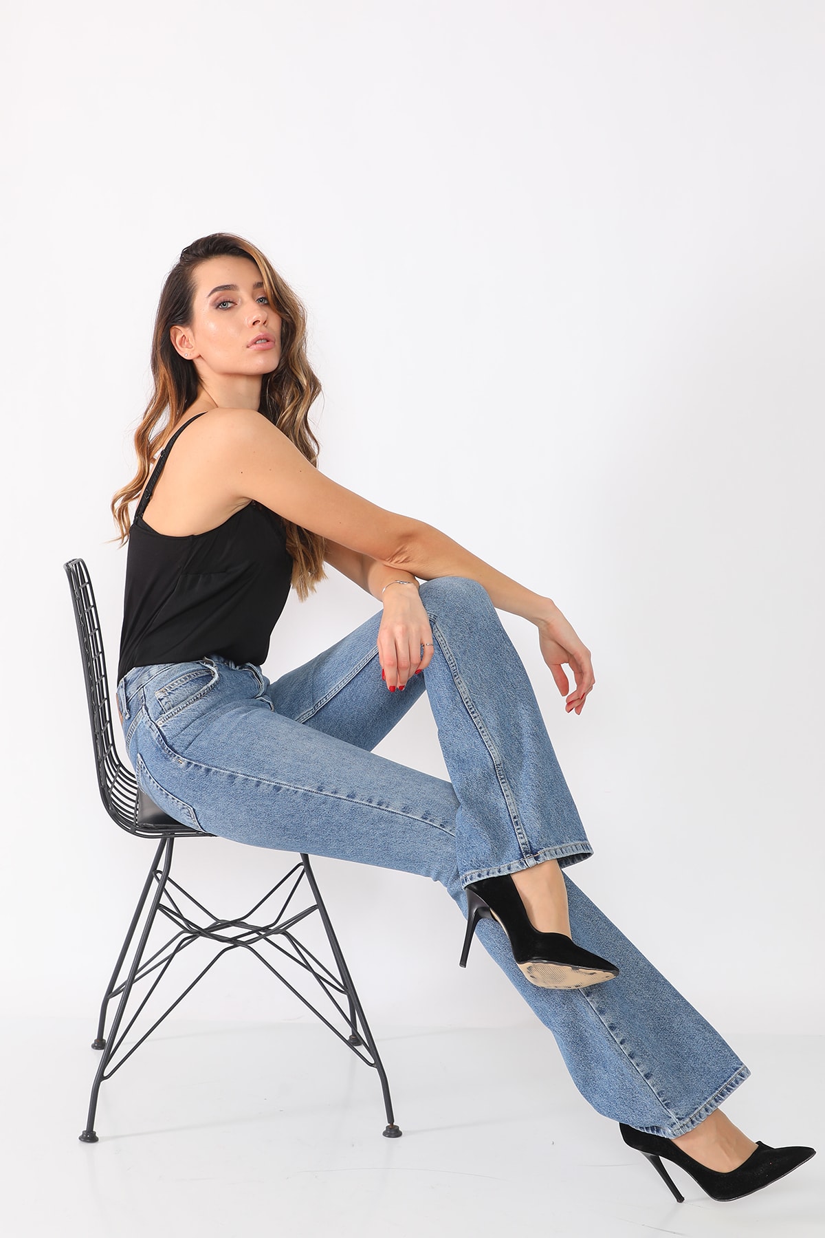 Darkly Jeans Kadın Mavi 90s Vintage Ispanyol Paça Jeans