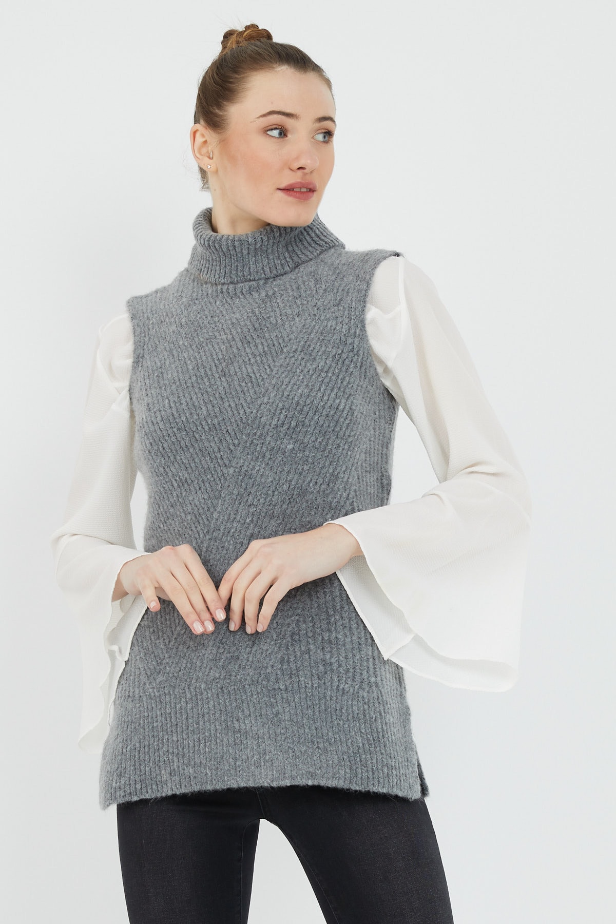 ALTINER Kadın Gri Balıkçı Yaka Kısa Süveter