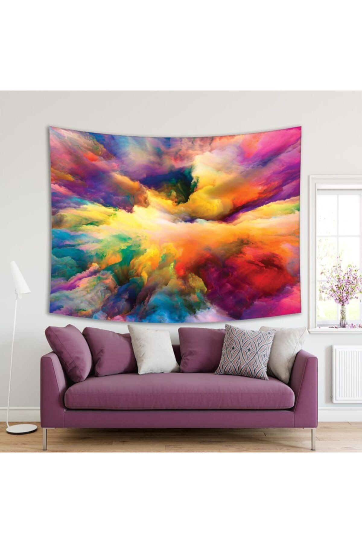 Henge Home Baskılı Duvar Örtüsü Mavi Pembe Turuncu Mor Bulut Desenli