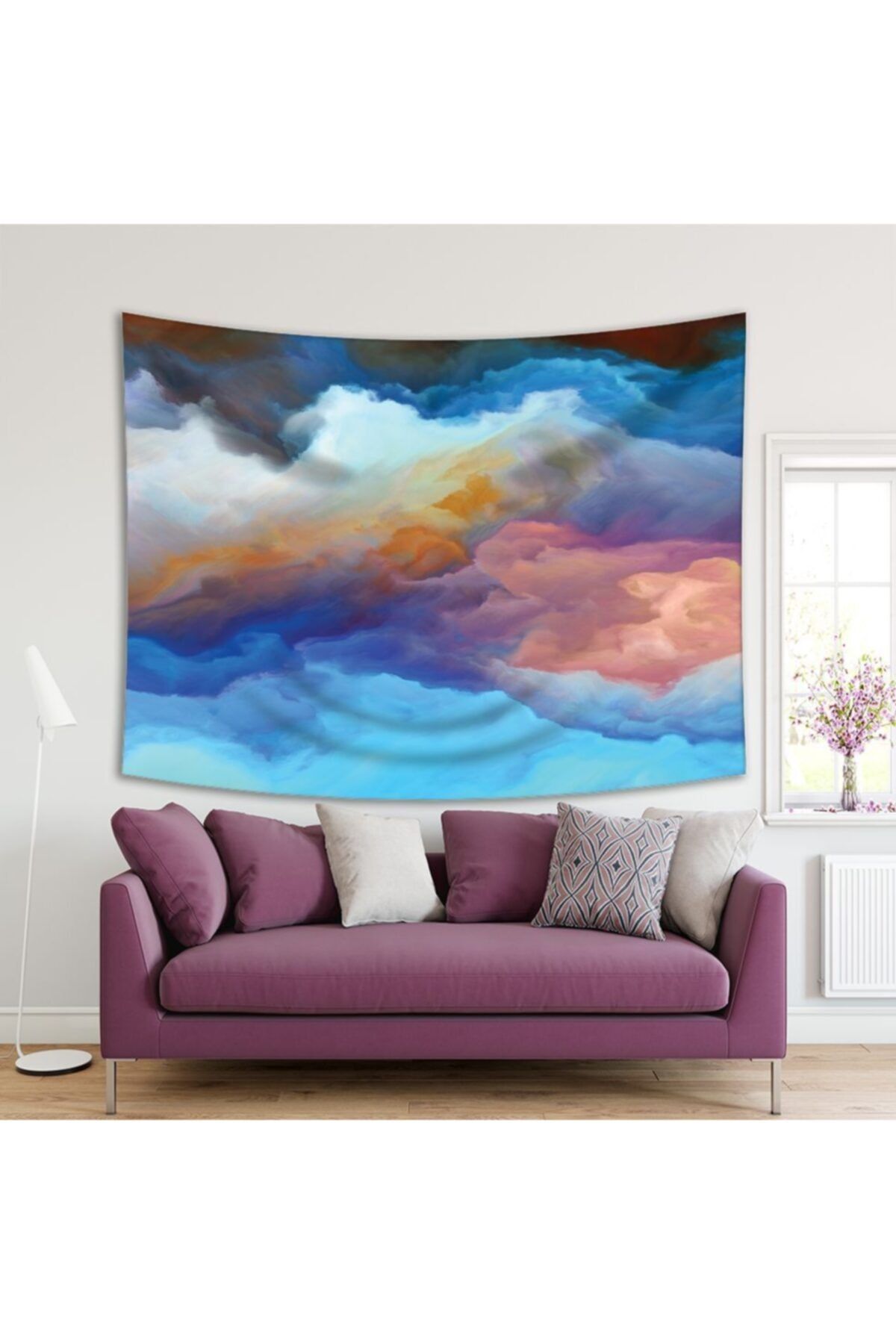 Henge Home Baskılı Duvar Örtüsü Gökyüzü Mavi Pembe Sarı Bulut Desenli